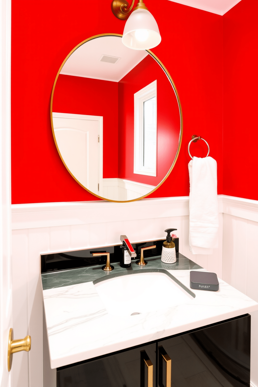 A vibrant red powder room features a striking accent wall that draws attention and creates a bold statement. The remaining walls are painted in a soft white to balance the intensity of the red, enhancing the overall brightness of the space. The vanity is a sleek modern design with a glossy black finish and a white marble countertop, providing a stunning contrast to the red walls. Above the vanity, a round mirror with a gold rim reflects light and adds a touch of elegance to the room.