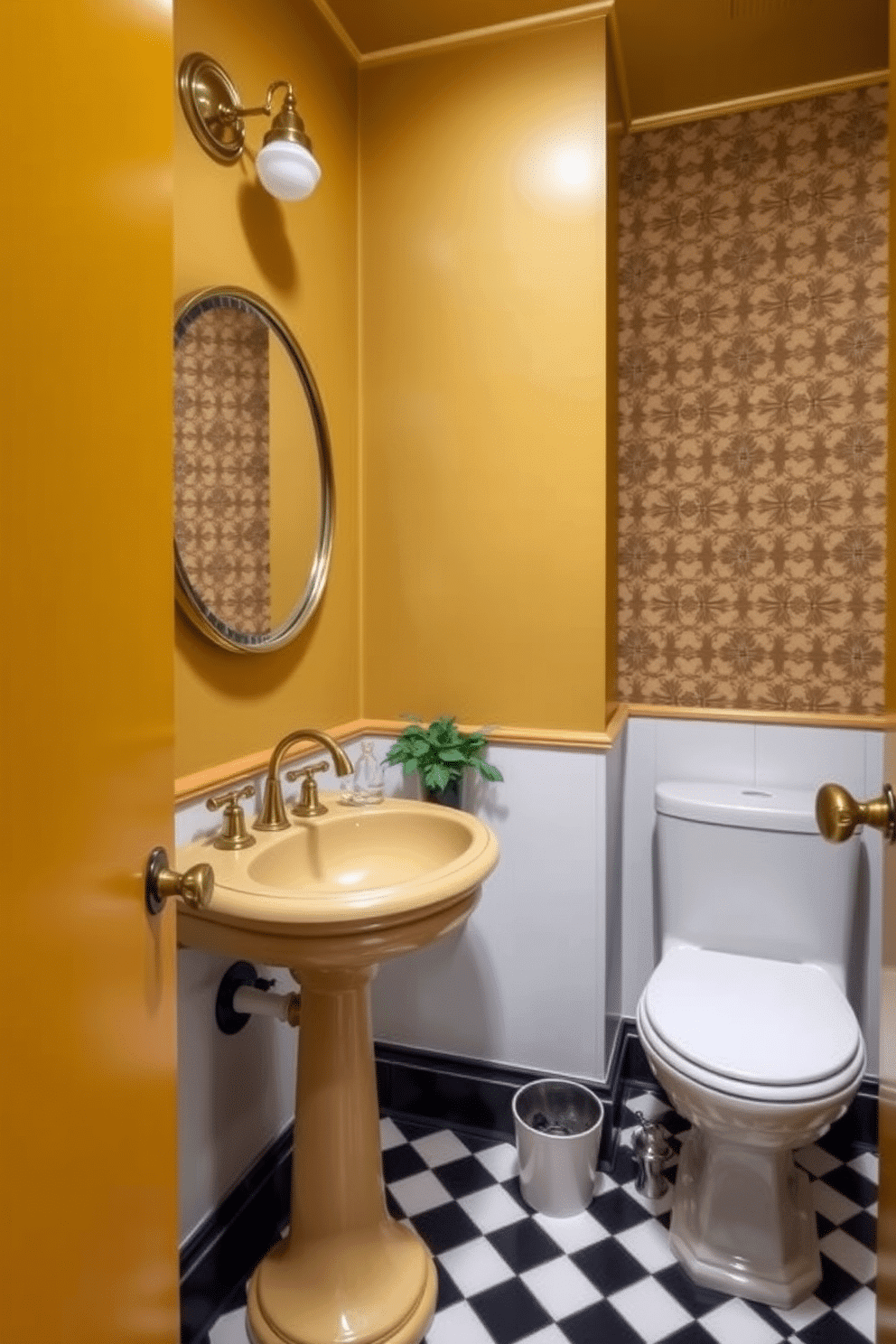 A cozy powder room featuring muted mustard walls that exude a retro vibe. The space is accented with vintage fixtures, including a round mirror with a brass frame and a pedestal sink that complements the warm tones. To enhance the nostalgic feel, a patterned wallpaper with geometric designs is used on one accent wall. The flooring is a classic black and white checkered tile, while a small potted plant adds a touch of greenery to the room.