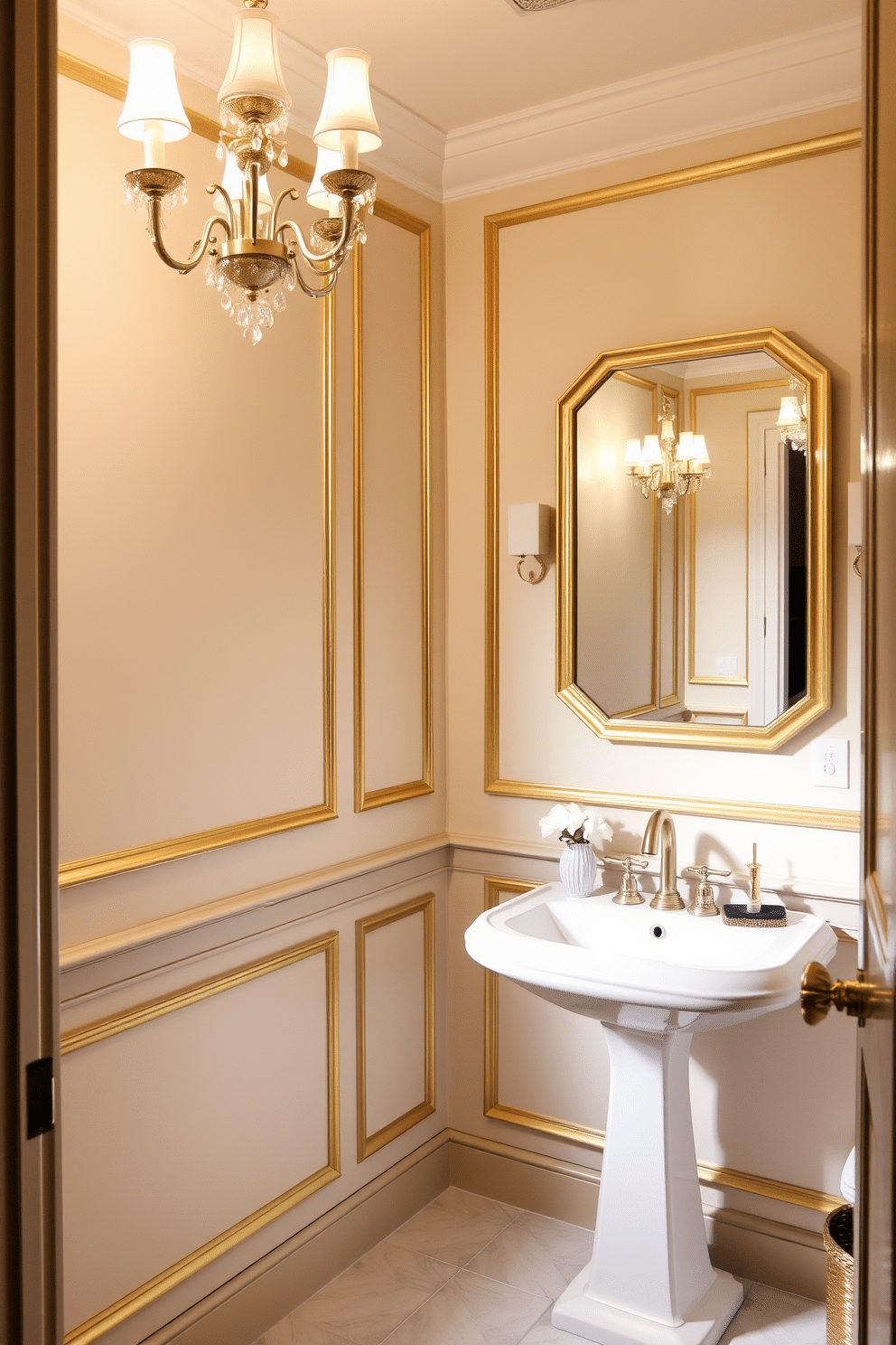 A powder room featuring gentle cream walls adorned with elegant gold accents. The space includes a stylish pedestal sink, complemented by a sleek gold-framed mirror that reflects soft lighting from a vintage-inspired chandelier.