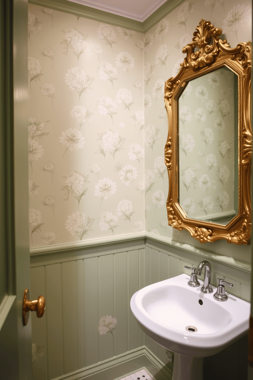 A charming powder room adorned in soft green hues, featuring delicate floral patterns on the wallpaper that evoke a sense of tranquility. The space includes a sleek white pedestal sink and a vintage-style mirror framed in distressed gold, enhancing the room's inviting atmosphere.