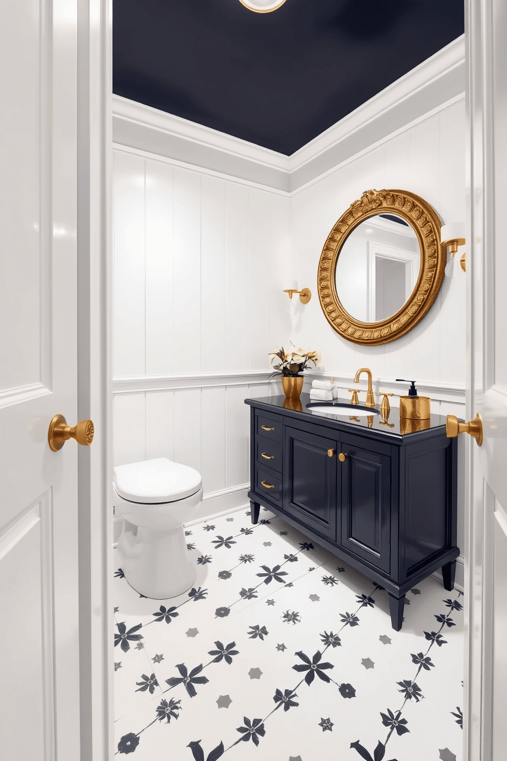 A classic powder room featuring pristine white walls that create a clean and airy atmosphere. Bold accents in the form of a deep navy blue vanity and vibrant gold fixtures add a striking contrast, enhancing the overall elegance of the space. The floor is adorned with intricate black and white tiles, providing a timeless appeal. A large round mirror with a decorative gold frame hangs above the vanity, reflecting the stylish design and illuminating the room.