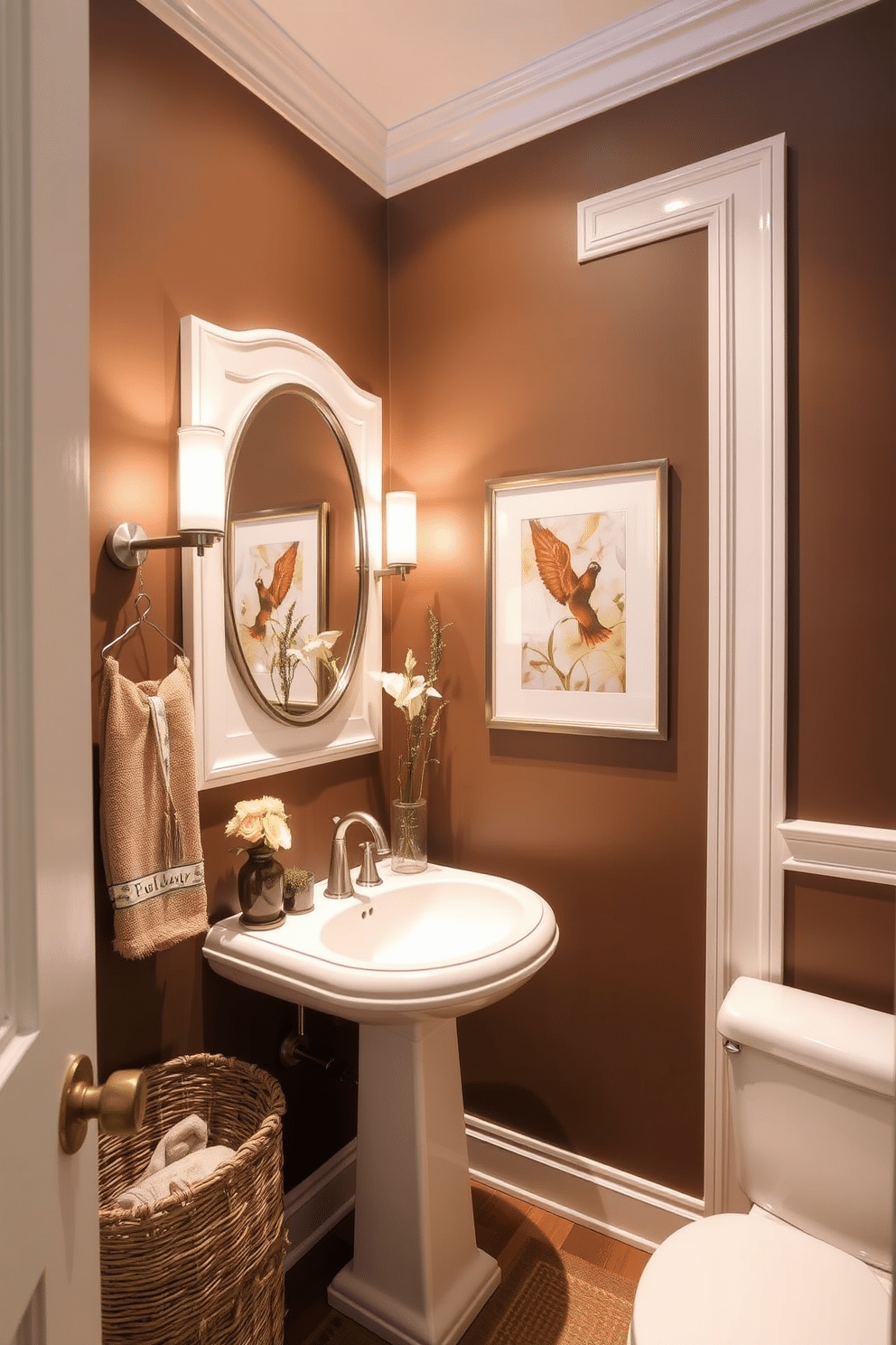 A warm mocha powder room exudes a cozy and inviting atmosphere, with walls painted in a rich, chocolatey hue that creates a sense of comfort. Accentuate the space with crisp white trim and fixtures, adding a touch of elegance to the design. Incorporate soft, ambient lighting to enhance the warmth of the mocha tones, creating a relaxing environment. Complement the color scheme with natural wood accents and plush textiles for a harmonious and welcoming feel.