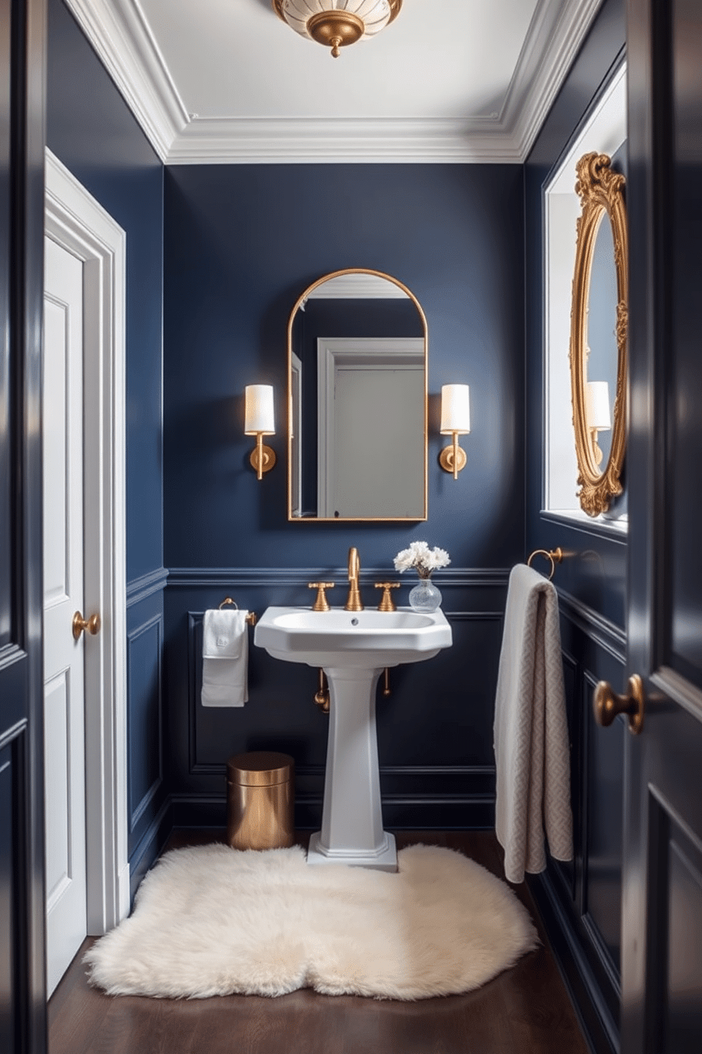 A luxurious powder room featuring deep navy walls that exude dramatic elegance. The space is accented with a sleek white pedestal sink and a gold-framed mirror that enhances the opulent atmosphere. Soft ambient lighting casts a warm glow, highlighting the intricate gold fixtures throughout. A plush cream rug lies beneath, adding comfort and contrast to the bold color scheme.