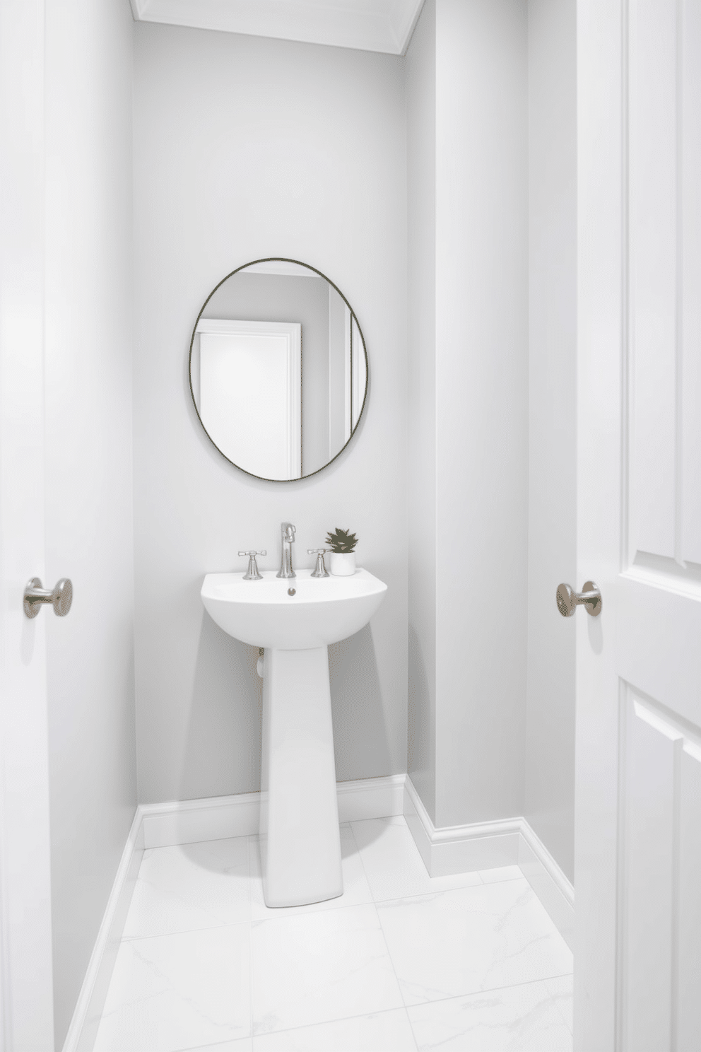 A chic powder room featuring light gray walls that create a modern and airy ambiance. The space includes a sleek white pedestal sink and a minimalist round mirror with a thin black frame, enhancing the contemporary feel. The floor is adorned with large, white tiles that contrast beautifully with the gray walls. Accents of brushed nickel hardware and a small potted plant on the sink add a touch of elegance and freshness to the design.