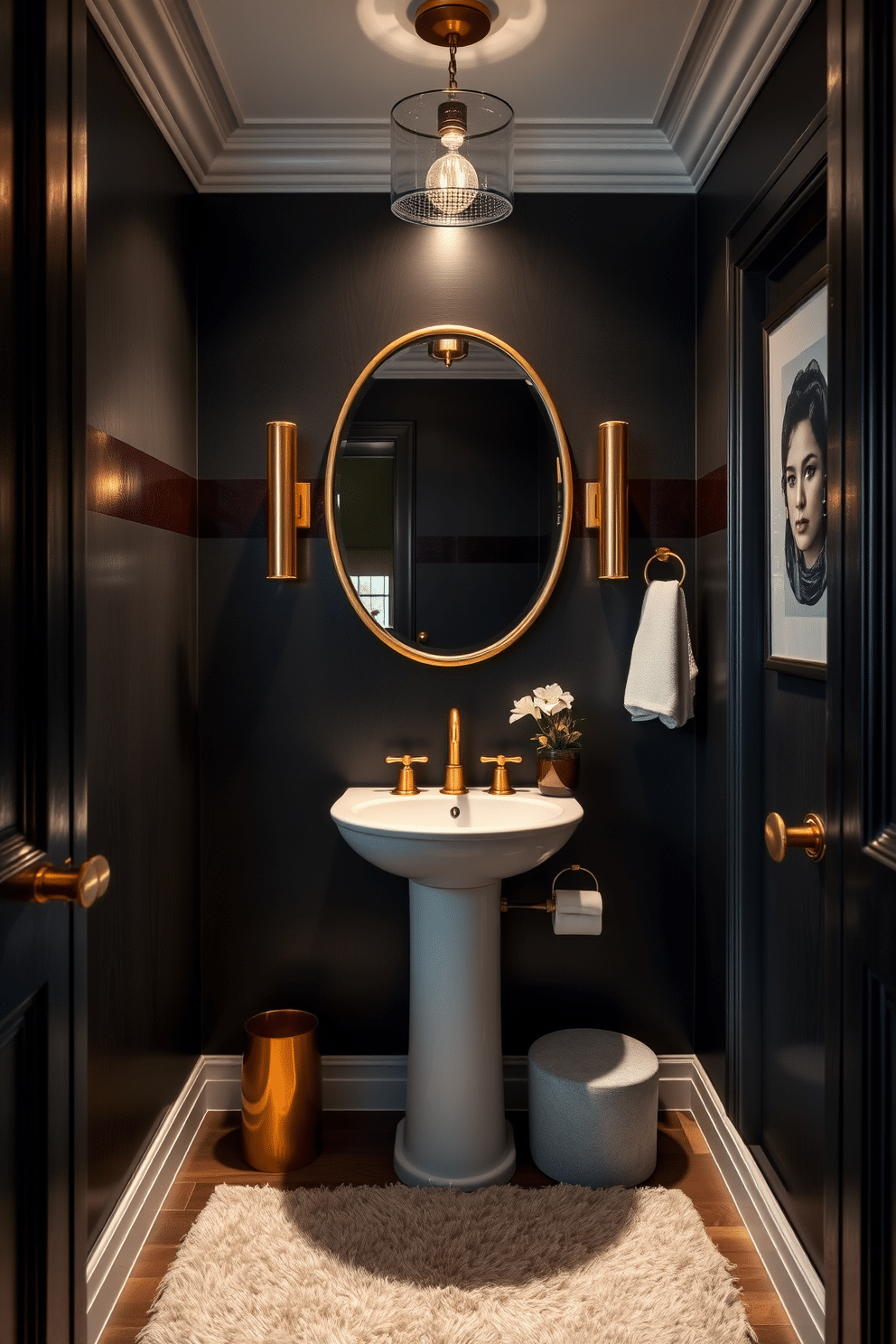 A luxurious powder room adorned with rich charcoal walls that create a sophisticated and inviting atmosphere. The space features a sleek, modern pedestal sink with brushed gold fixtures, complemented by a stylish wall-mounted mirror that enhances the room's elegance. Soft ambient lighting illuminates the room, highlighting the intricate details of the decor. A plush, patterned area rug adds warmth underfoot, while a small potted plant brings a touch of nature into the refined setting.