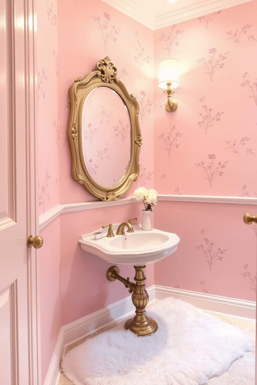 A romantic powder room featuring soft blush pink walls that create an inviting atmosphere. The space is accented with elegant fixtures, including a vintage-style sink and a chic mirror framed in brushed gold. Delicate floral patterns adorn the wallpaper, enhancing the overall charm of the room. A plush white rug lies beneath the sink, adding comfort and warmth to the design.