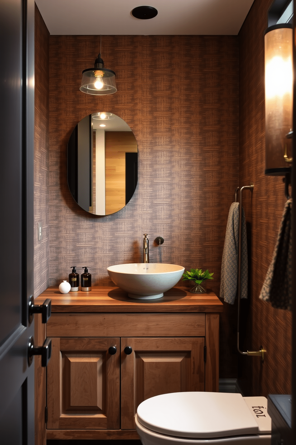 A stylish powder room features a rustic wood vanity with a vessel sink elegantly perched on top. The walls are adorned with a textured wallpaper in soft earth tones, complemented by vintage-inspired fixtures and warm ambient lighting.