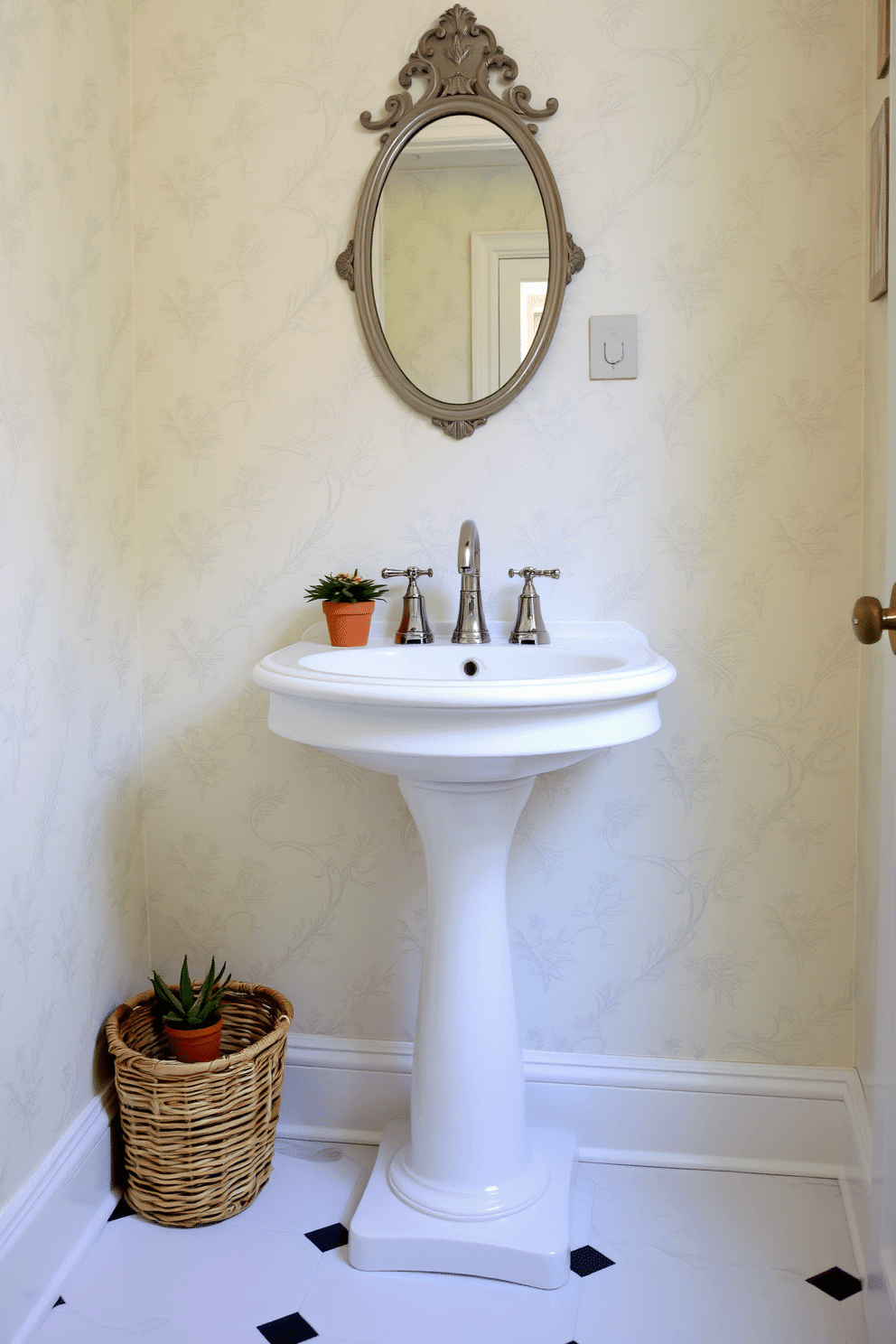 A vintage pedestal sink stands gracefully in a charming powder room, showcasing its classic design with elegant curves and a glossy white finish. The surrounding walls are adorned with soft pastel wallpaper, complemented by a small ornate mirror above the sink, reflecting the room's timeless appeal. Delicate fixtures in brushed nickel add a touch of sophistication, while a woven basket beneath the sink provides stylish storage for essentials. A small potted plant on the countertop brings a hint of nature indoors, enhancing the inviting atmosphere of this refined space.