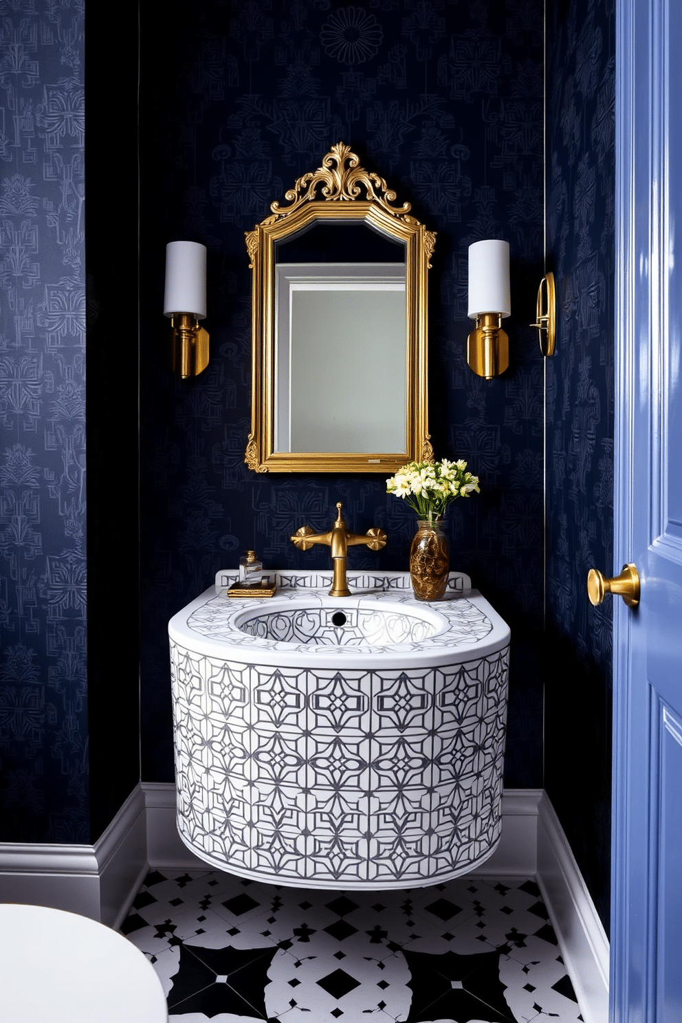 A stunning powder room features an art deco sink adorned with intricate geometric patterns, showcasing a blend of elegance and modernity. The sink is paired with a sleek brass faucet, while the surrounding walls are accented with deep navy wallpaper that complements the design. The floor is laid with classic black and white tiles, enhancing the sophisticated atmosphere of the space. A small, ornate mirror hangs above the sink, reflecting the stylish details and creating a sense of depth in the room.