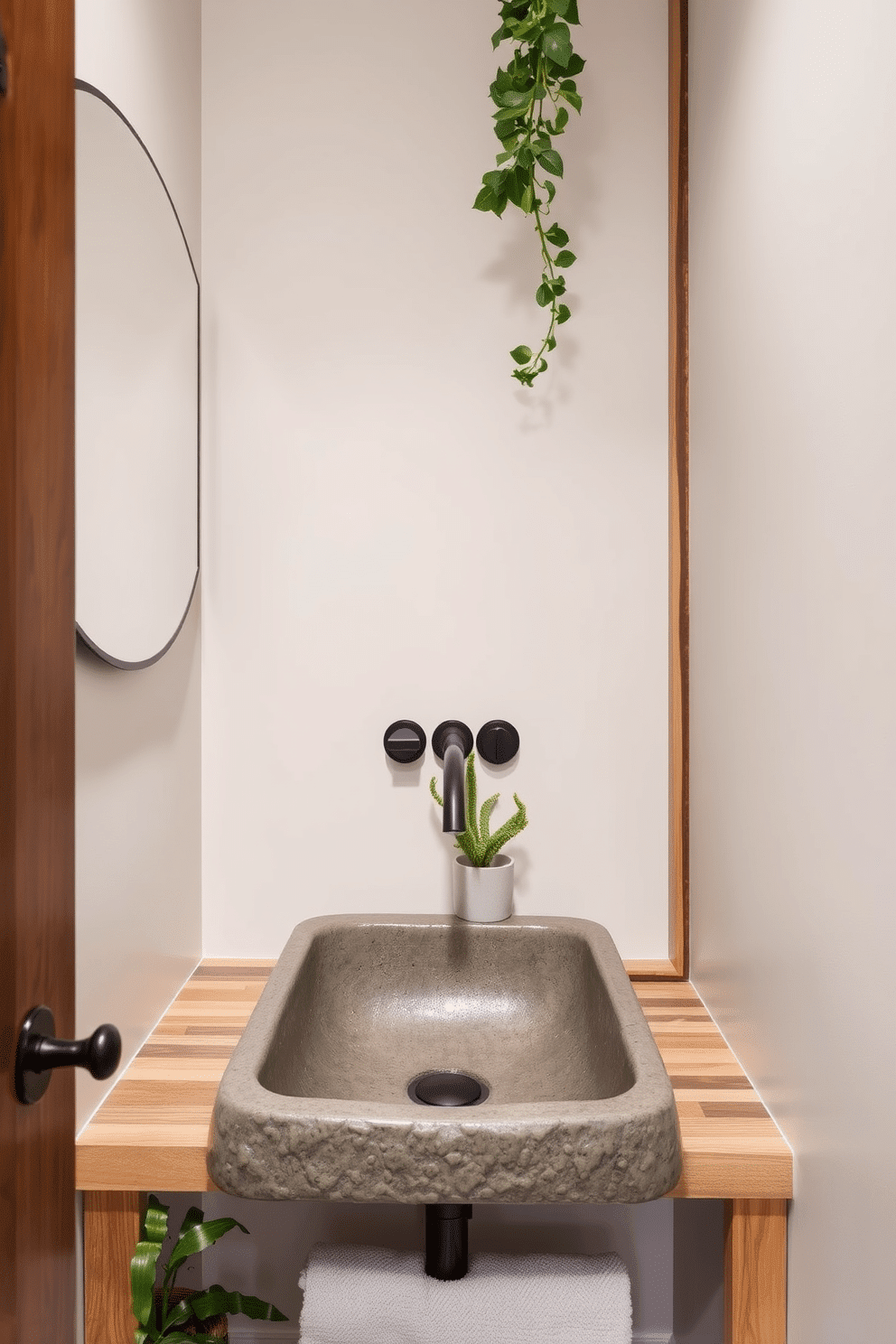 A textured concrete sink is the focal point of this stylish powder room, surrounded by natural elements like wooden accents and lush greenery. The walls are adorned with soft, neutral tones that complement the sink's industrial aesthetic, while a small potted plant adds a fresh touch to the space.