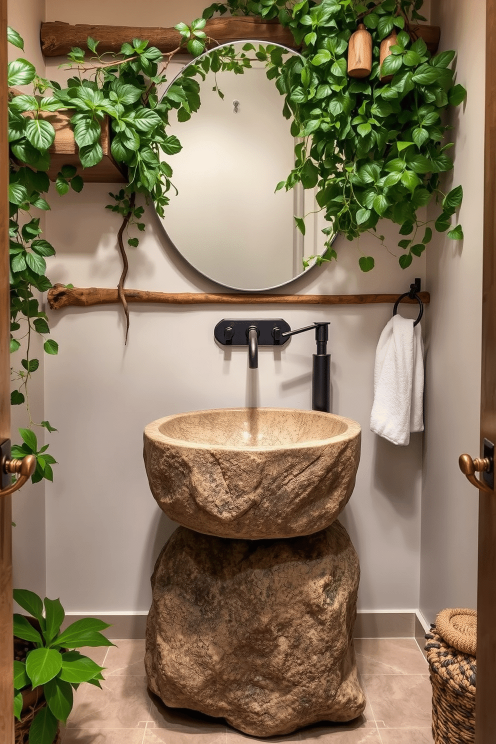 A nature-inspired powder room features a stunning sink with a rough-hewn stone base that seamlessly blends with organic elements. Surrounding the sink, lush greenery and natural wood accents create a serene and inviting atmosphere, while soft lighting enhances the earthy tones.