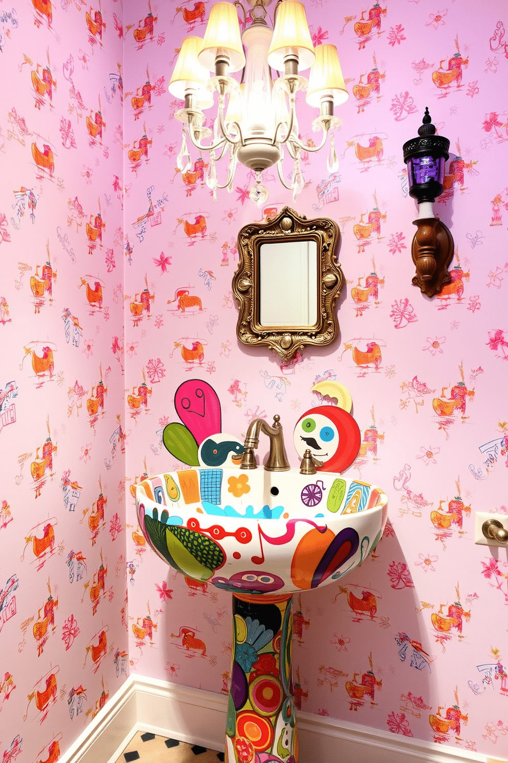 A whimsical sink featuring intricate, artistic designs that blend vibrant colors and playful patterns. The sink is mounted on a sleek, modern pedestal, surrounded by a backdrop of soft pastel wallpaper adorned with whimsical motifs. The powder room is illuminated by a vintage chandelier that adds a touch of elegance to the playful atmosphere. Complementing the sink, a small, ornate mirror with a colorful frame hangs above, enhancing the artistic flair of the space.