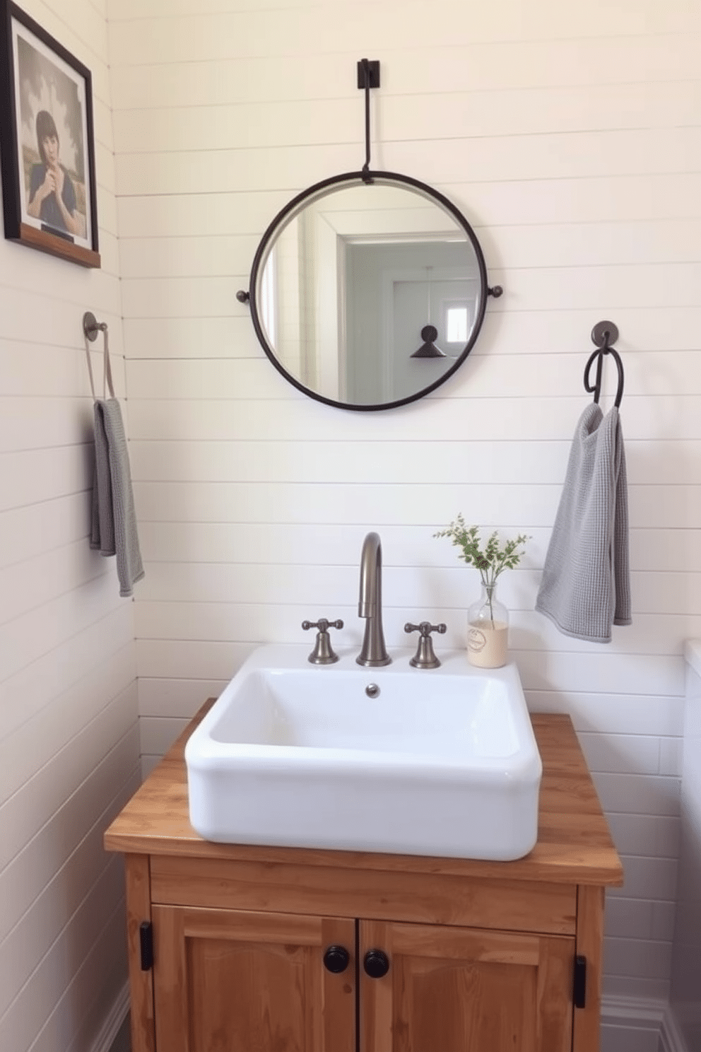 A rustic farmhouse sink with an apron front is the centerpiece of this charming powder room. The sink is crafted from white porcelain, complemented by a brushed nickel faucet that adds a modern touch to the vintage aesthetic. Surrounding the sink, the walls are adorned with shiplap paneling painted in a soft, creamy white. A distressed wooden vanity with a natural wood finish provides ample storage beneath the sink, while a round mirror with a black metal frame hangs above, reflecting the warm ambiance of the space.