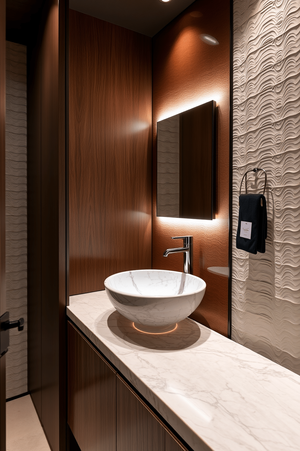 A luxury sink design featuring integrated lighting effects that illuminate the basin and surrounding area. The sink is crafted from polished marble, seamlessly blending elegance with modern technology, and is surrounded by sleek cabinetry in a rich walnut finish. The powder room showcases a stunning wall-mounted sink with ambient LED lighting that highlights its contours. The space is adorned with textured wallpaper in soft pastels, creating a serene atmosphere complemented by stylish fixtures and a chic mirror above the sink.