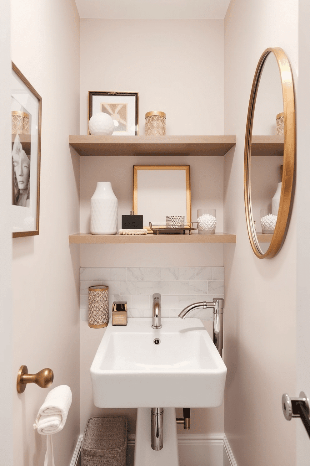 A chic powder room features open shelving beneath a sleek, modern sink, showcasing carefully curated decor items and elegant storage solutions. The walls are adorned in a soft pastel hue, complemented by a stylish mirror that adds depth and sophistication to the space.