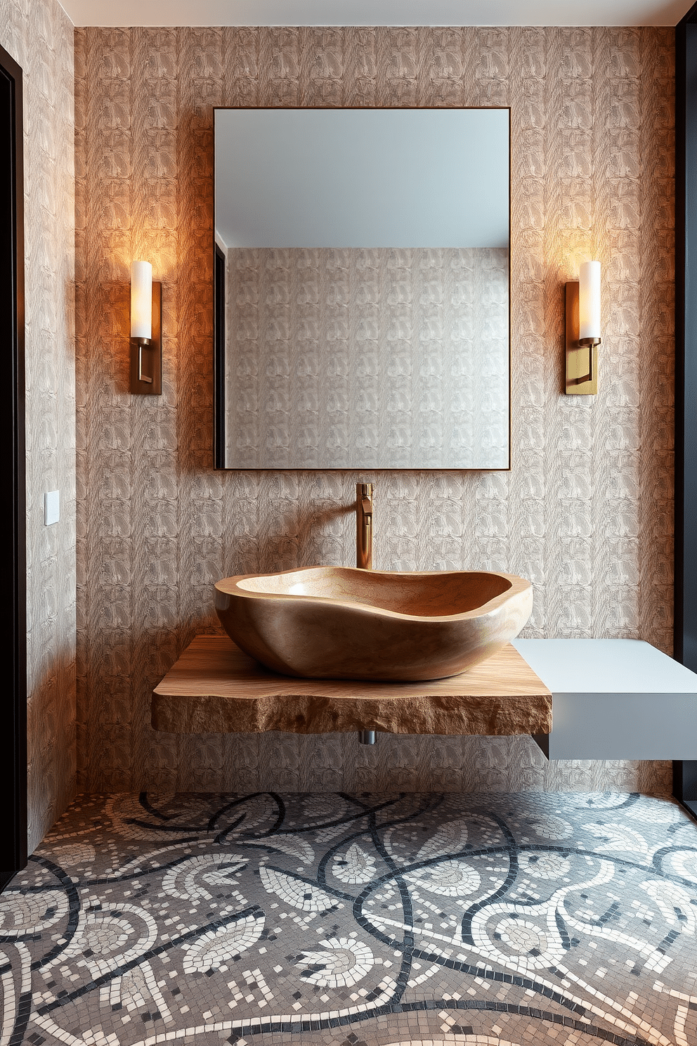 A stunning powder room features a sculptural sink that serves as the centerpiece, crafted from natural stone with organic curves. Surrounding the sink, elegant wall sconces cast a warm glow, highlighting the textured wallpaper in a soft, muted tone. The floor is adorned with intricate mosaic tiles that complement the sink's design, while a minimalist floating vanity provides functional storage. A large, frameless mirror reflects the artistry of the sink, adding depth and sophistication to the space.