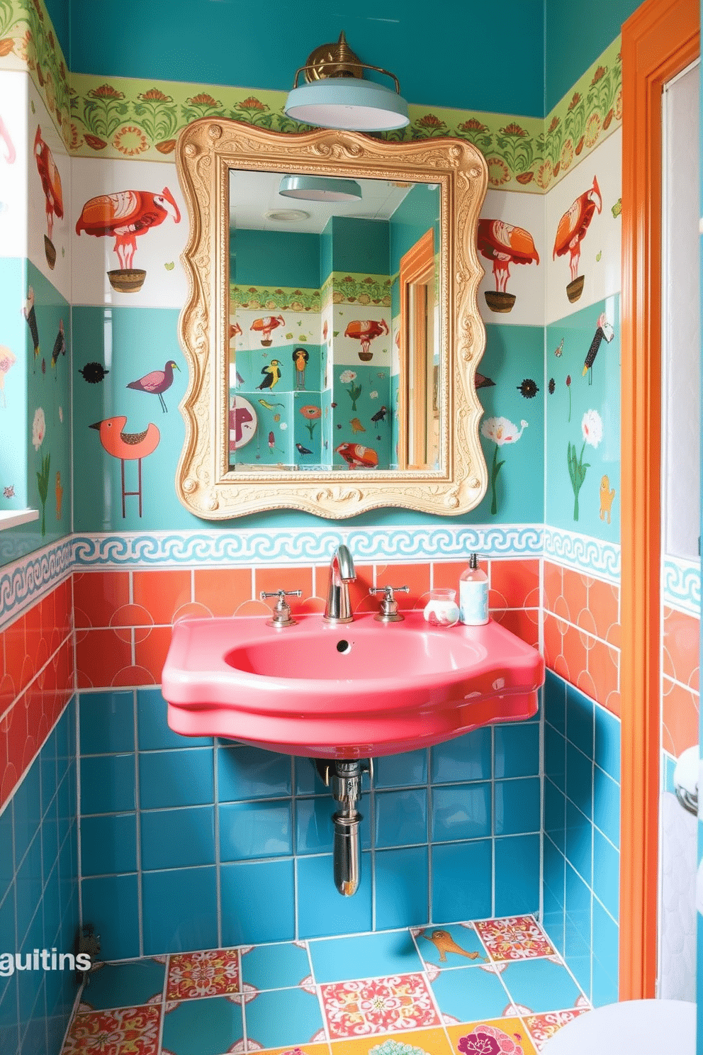 A brightly colored sink is the focal point of this playful powder room, featuring vibrant tiles that create a lively atmosphere. The walls are adorned with whimsical patterns, and a stylish mirror hangs above the sink, reflecting the cheerful design elements.