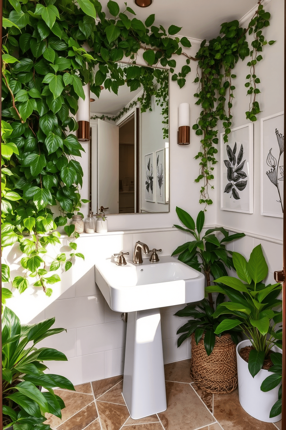 A stunning powder room features a sleek, modern sink surrounded by an abundance of lush greenery, creating a tranquil oasis. The walls are adorned with botanical prints, and the floor is covered with natural stone tiles, enhancing the organic feel of the space.