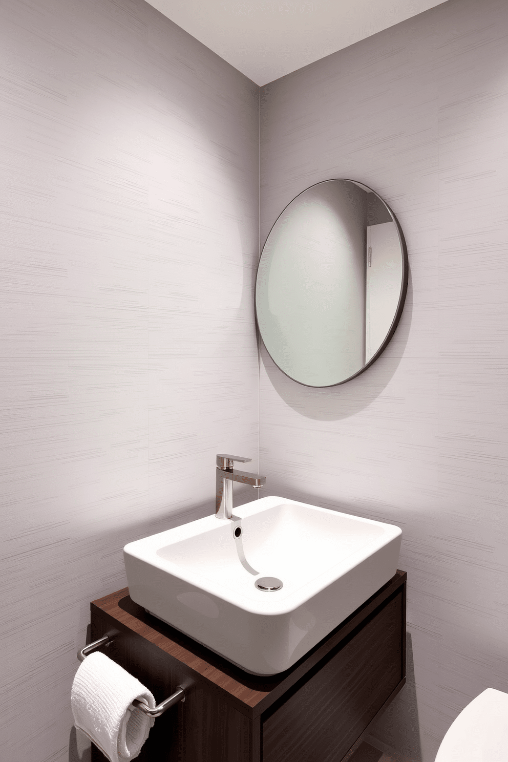 A modern powder room featuring a striking asymmetrical sink design that seamlessly integrates into the minimalist decor. The sink is crafted from sleek, white porcelain, paired with a brushed nickel faucet that adds a contemporary touch. The walls are adorned with textured wallpaper in soft gray tones, creating a sophisticated backdrop. A floating vanity in dark wood complements the sink, while a large round mirror enhances the sense of space and light.