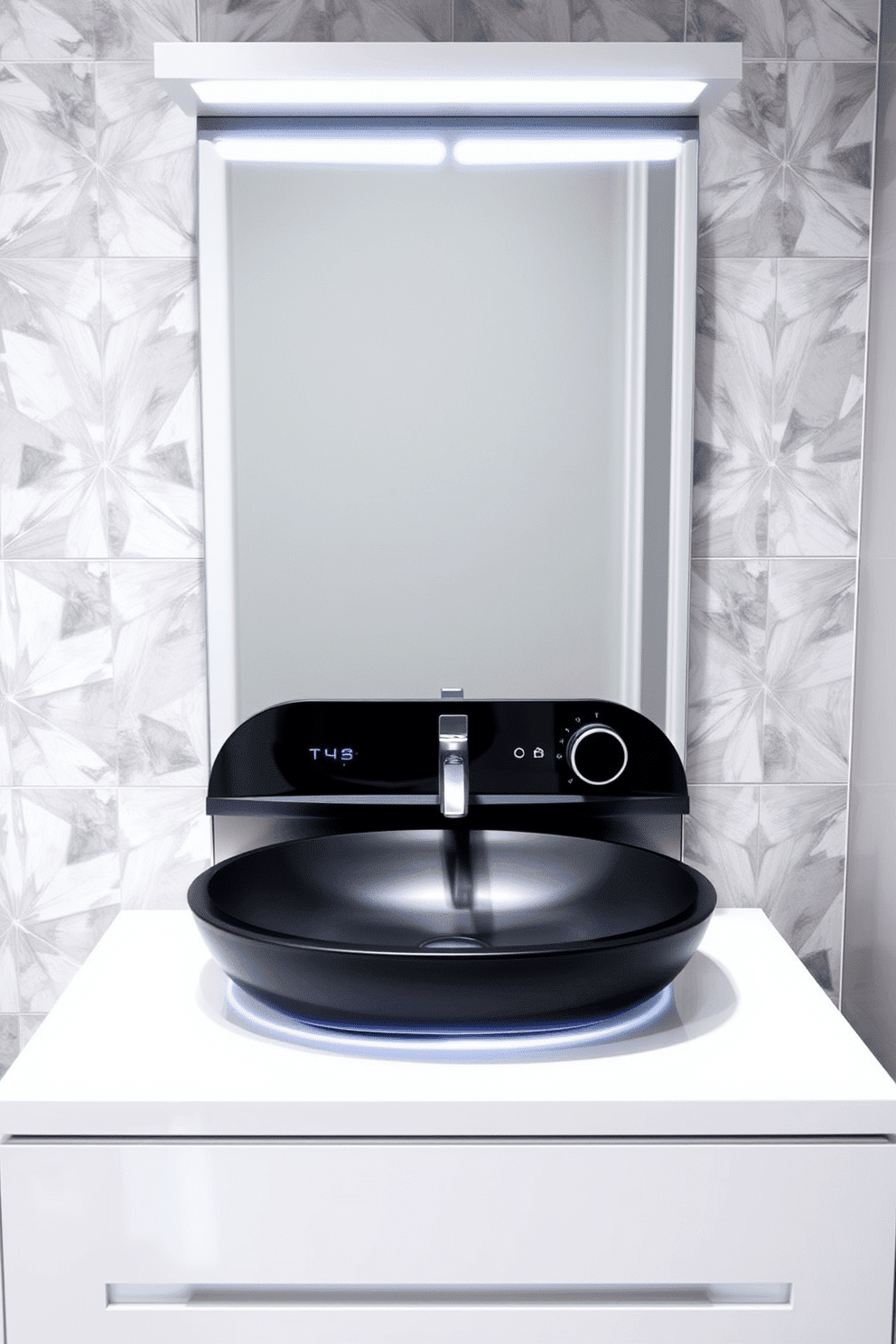 A sleek, modern sink with high-tech features is the centerpiece of this stylish powder room. It is complemented by a minimalist vanity with clean lines, finished in a glossy white to enhance the room's airy feel. The sink incorporates touchless controls and LED lighting, seamlessly blending technology with elegance. Surrounding the sink are geometric tiles in soft gray tones, providing a contemporary backdrop that elevates the overall design.