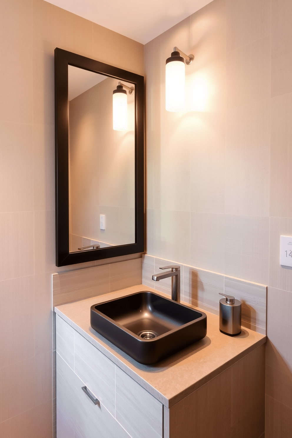 A sleek powder room features a modern sink with a built-in soap dispenser seamlessly integrated into the countertop. The sink is surrounded by elegant, textured tiles in soft earth tones, enhancing the tranquil ambiance of the space. Above the sink, a stylish mirror with a minimalist frame reflects the soft lighting, creating an inviting atmosphere. The walls are adorned with subtle wallpaper, adding a touch of sophistication while maintaining a cozy feel.