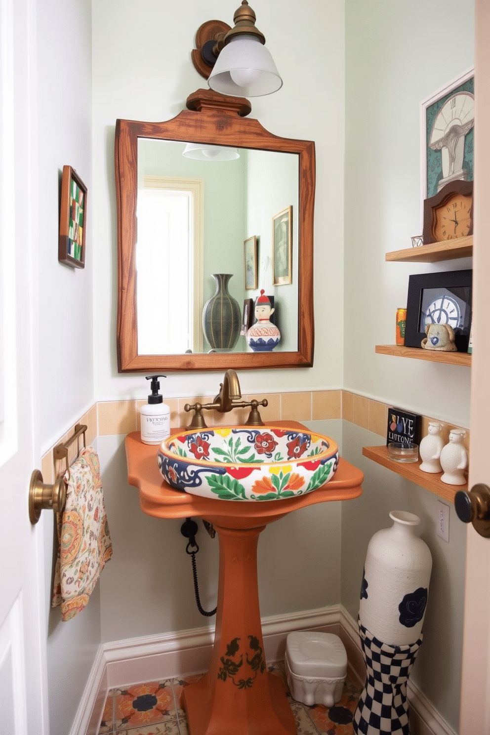 An eclectic powder room features a vintage pedestal sink adorned with a vibrant, hand-painted ceramic basin. Surrounding the sink, an assortment of mismatched decor elements, including a rustic wooden mirror and colorful, patterned tiles, create a whimsical yet cohesive atmosphere. The walls are painted in a soft pastel hue, providing a gentle backdrop for the bold decor choices. A collection of quirky art pieces and decorative objects, such as a modern geometric vase and a classic porcelain figurine, adds character and charm to the space.