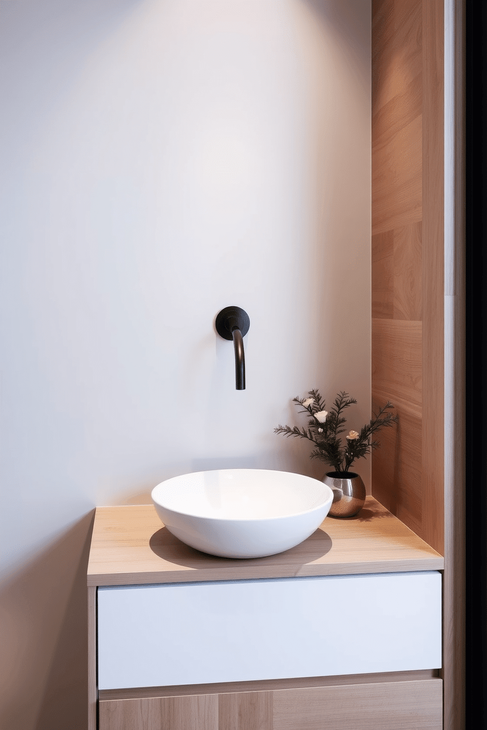 A minimalist sink design featuring clean lines and a sleek, wall-mounted faucet. The sink is made of white ceramic with a subtle matte finish, complemented by a simple, unobtrusive vanity in natural wood tones. The powder room is adorned with soft, ambient lighting that highlights the sink's contours. A single decorative plant sits on the vanity, adding a touch of greenery to the serene space.