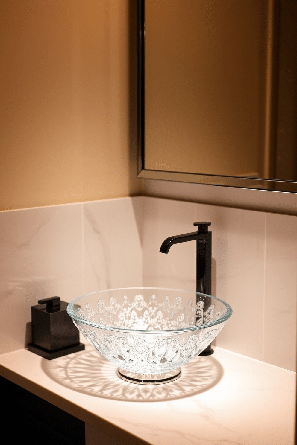 An elegant sink is designed with crystal accents, featuring a sleek, modern silhouette and a shimmering finish that catches the light beautifully. Surrounding the sink, the powder room is adorned with soft, ambient lighting, highlighting the luxurious details and creating a warm, inviting atmosphere.