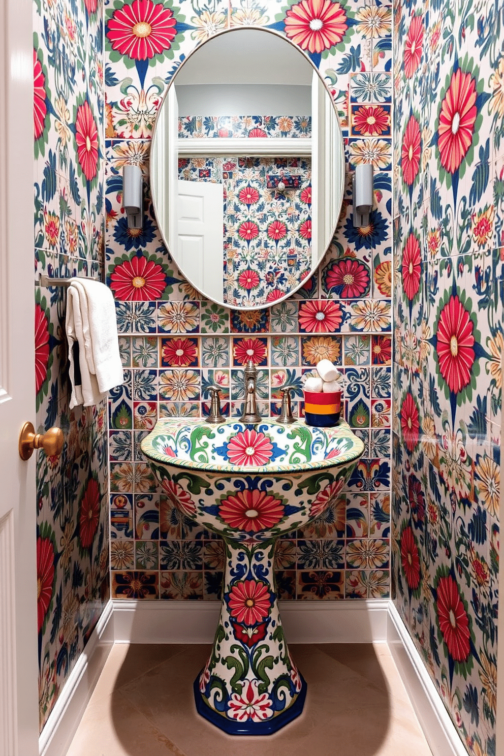 A vibrant powder room featuring a colorful ceramic sink, intricately designed with floral patterns. The walls are adorned with matching patterned tiles that create a lively atmosphere, while the floor is finished with a sleek, neutral tile for balance.