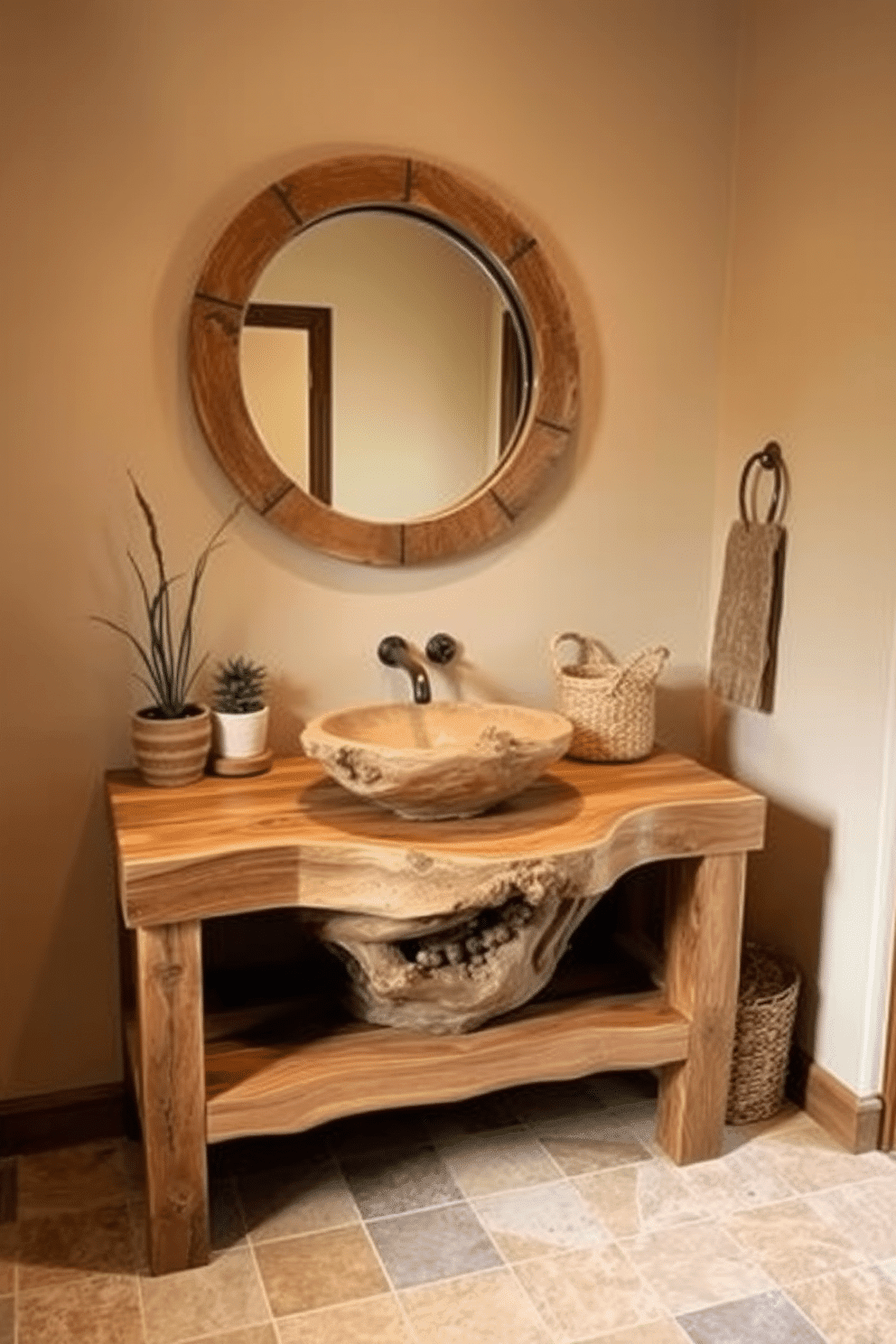 A nature-themed sink design featuring a unique basin crafted from driftwood, seamlessly integrated into a rustic wooden vanity. The surrounding walls are adorned with soft, earthy tones, and the floor is finished with natural stone tiles, creating a serene atmosphere. Above the sink, a large round mirror framed in reclaimed wood reflects the organic elements of the space. Decorative accents include potted succulents and a woven basket, enhancing the room's connection to nature.