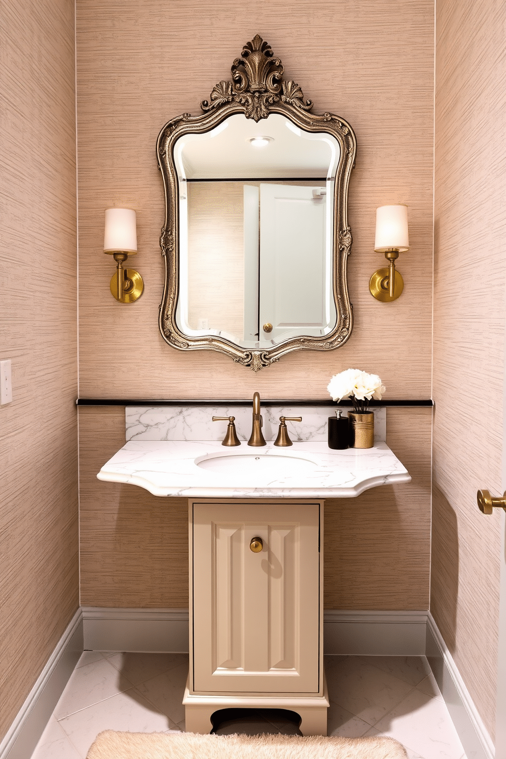 A stylish powder room features a stunning marble countertop with an undermount sink seamlessly integrated into the surface. The elegant faucet complements the sleek design, while the surrounding walls are adorned with textured wallpaper in soft, neutral tones. A vintage-style mirror with an ornate frame hangs above the sink, reflecting the warm glow of a decorative sconce on either side. Below the countertop, a chic cabinet provides storage, with a plush rug adding a touch of comfort to the polished floor.