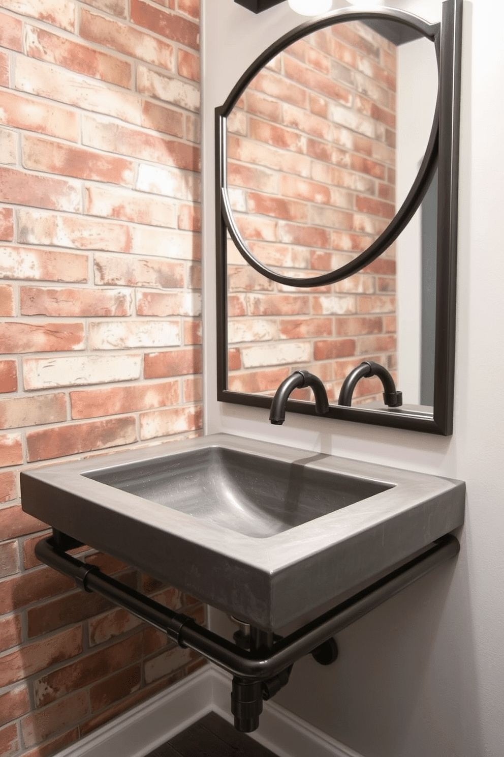 A striking industrial-style sink features a raw concrete basin paired with sleek metal accents, creating a bold focal point in the powder room. The wall behind the sink is adorned with exposed brick, while a vintage-style mirror with a metal frame complements the rugged aesthetic.