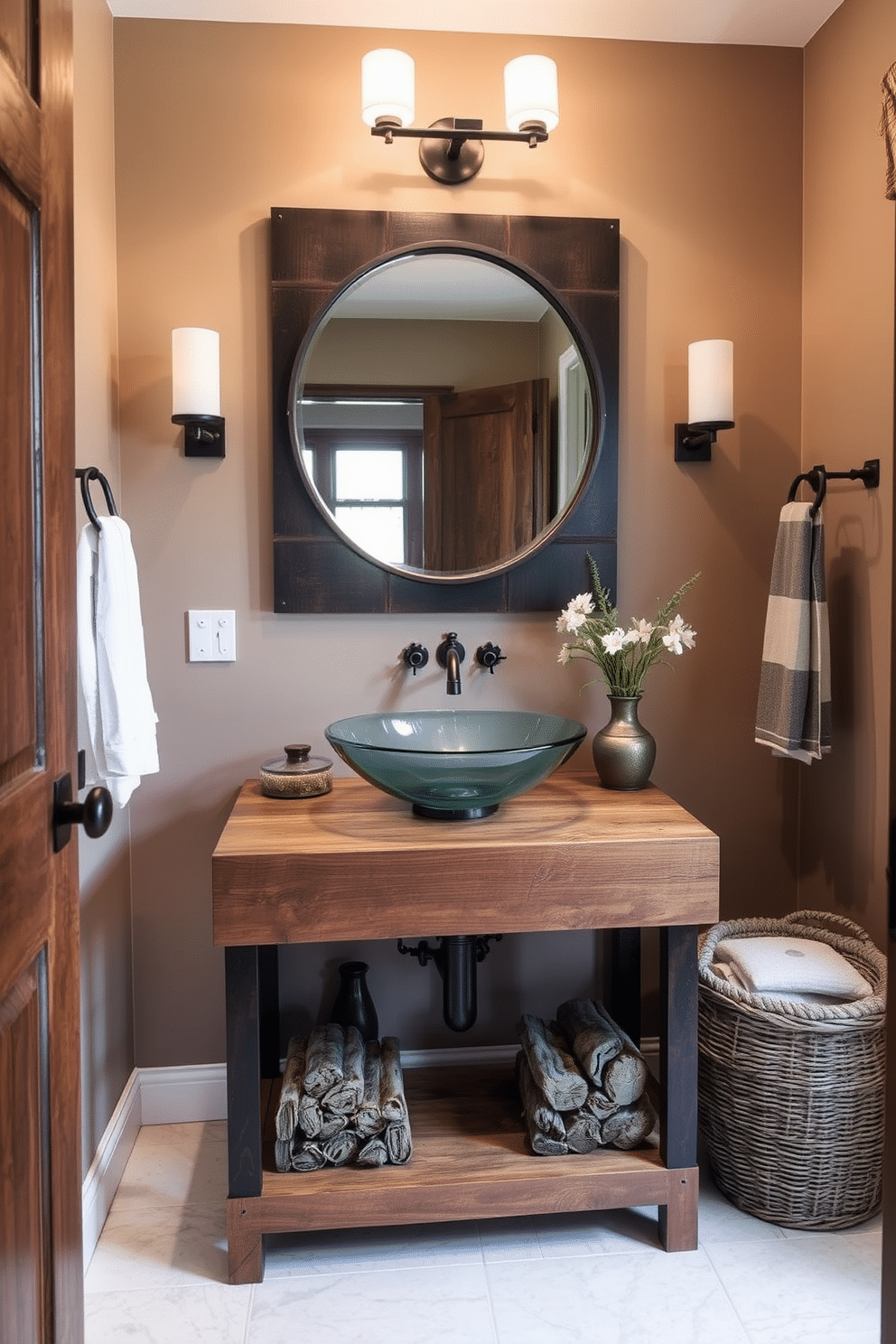 A stunning powder room featuring a glass vessel sink elegantly perched on a reclaimed wood vanity. The walls are adorned with a soft, earthy tone, complemented by rustic accents and natural textures throughout the space.