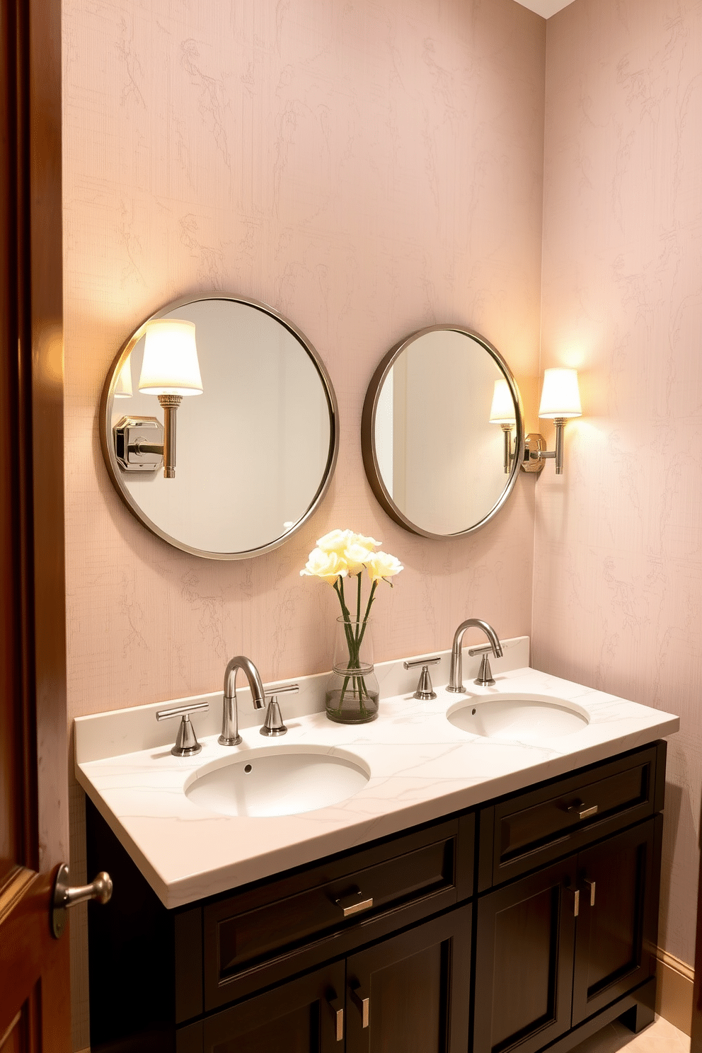 A luxurious powder room features a double sink vanity with a sleek quartz countertop, providing ample space for everyday use. The vanity is complemented by elegant wall sconces that cast a warm glow, enhancing the sophisticated ambiance. The walls are adorned with a soft, neutral wallpaper that adds texture without overwhelming the space. A stylish round mirror hangs above each sink, framed in brushed nickel, reflecting the tasteful decor and creating a sense of depth.