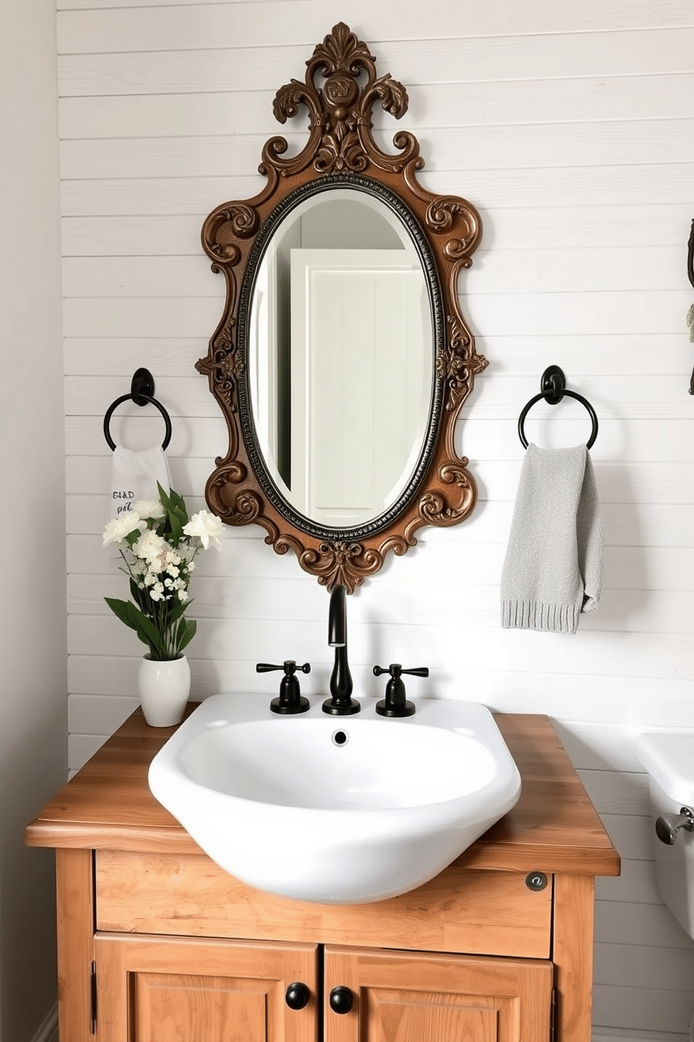 A charming powder room featuring a farmhouse sink with a shiplap backdrop. The sink is complemented by a rustic wooden vanity, and above it, a vintage-style mirror with an ornate frame adds character.