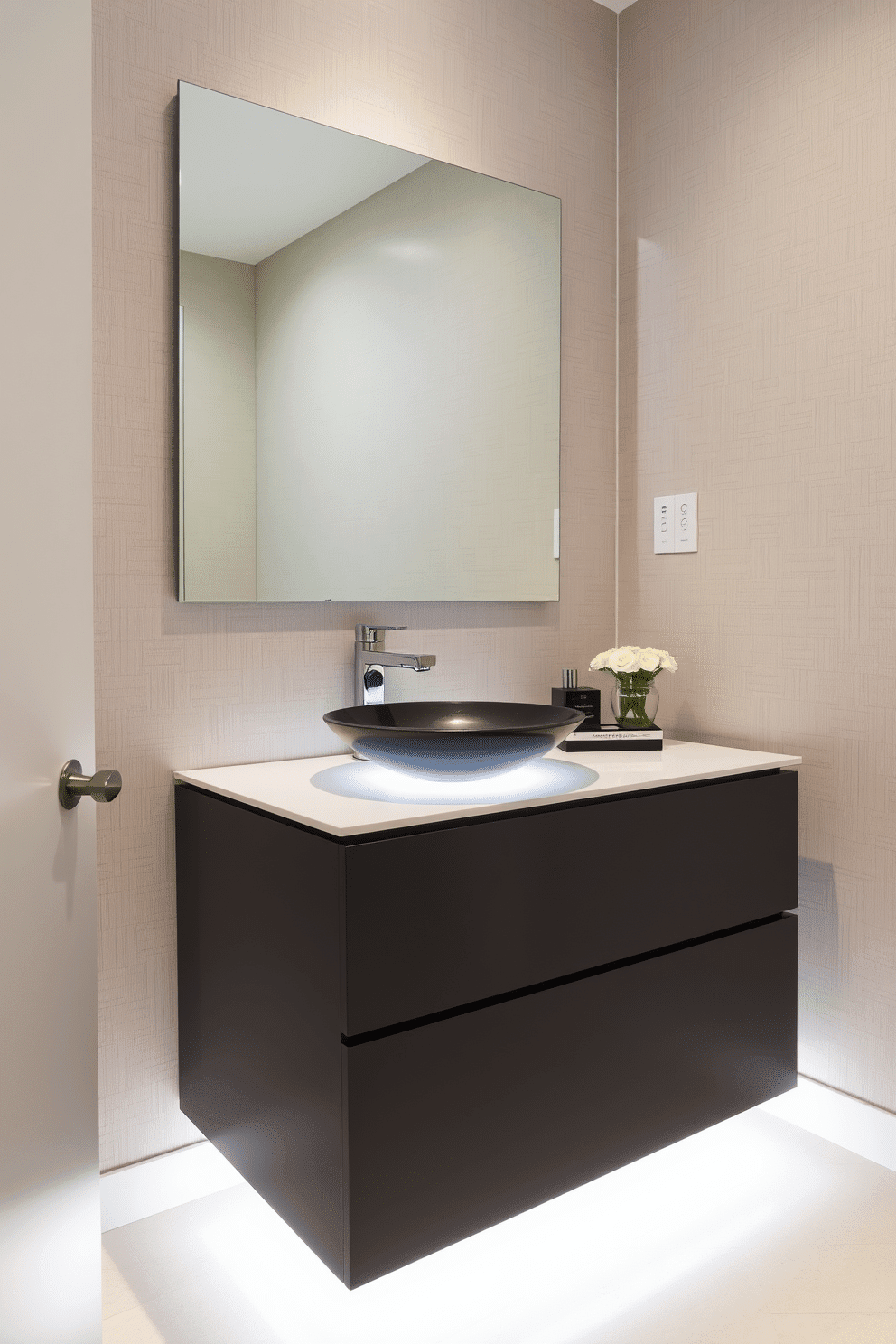 A sleek floating vanity with underlighting creates a modern and airy atmosphere in the powder room. The clean lines of the vanity are complemented by a minimalist mirror above, reflecting the soft glow of the underlighting. The walls are adorned with textured wallpaper in a subtle color, enhancing the elegance of the space. A stylish vessel sink rests atop the vanity, paired with a chic faucet that adds a touch of sophistication.