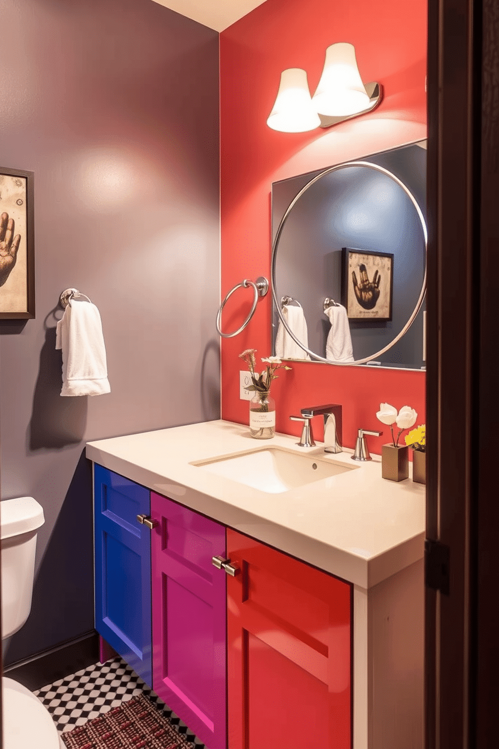 A vibrant powder room features a colorful painted vanity that serves as a striking focal point, bringing energy and personality to the space. The vanity is adorned with a sleek countertop, complemented by modern fixtures and a stylish mirror that enhances the overall aesthetic.