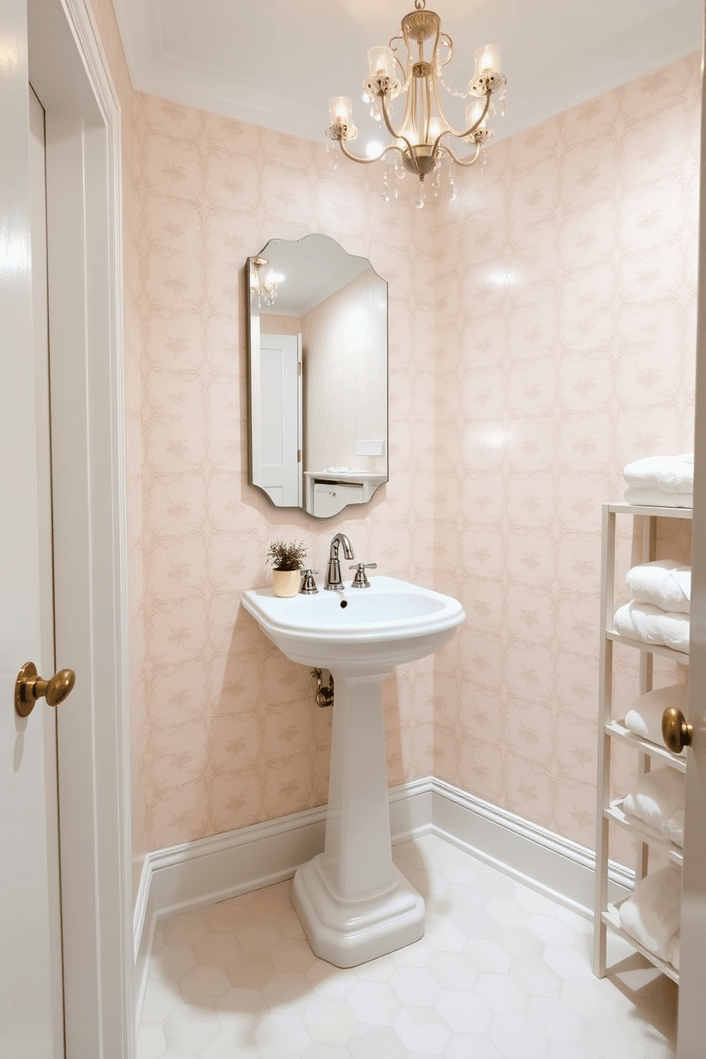 An elegant pedestal sink stands gracefully in the corner of the powder room, complemented by a sleek, wall-mounted mirror above it. The walls are adorned with soft, pastel wallpaper, and a small potted plant adds a touch of greenery beside the sink. The floor features light-colored hexagonal tiles that enhance the room's airy feel. A delicate chandelier hangs from the ceiling, casting a warm glow over the space, while plush towels are neatly arranged on a nearby shelf.