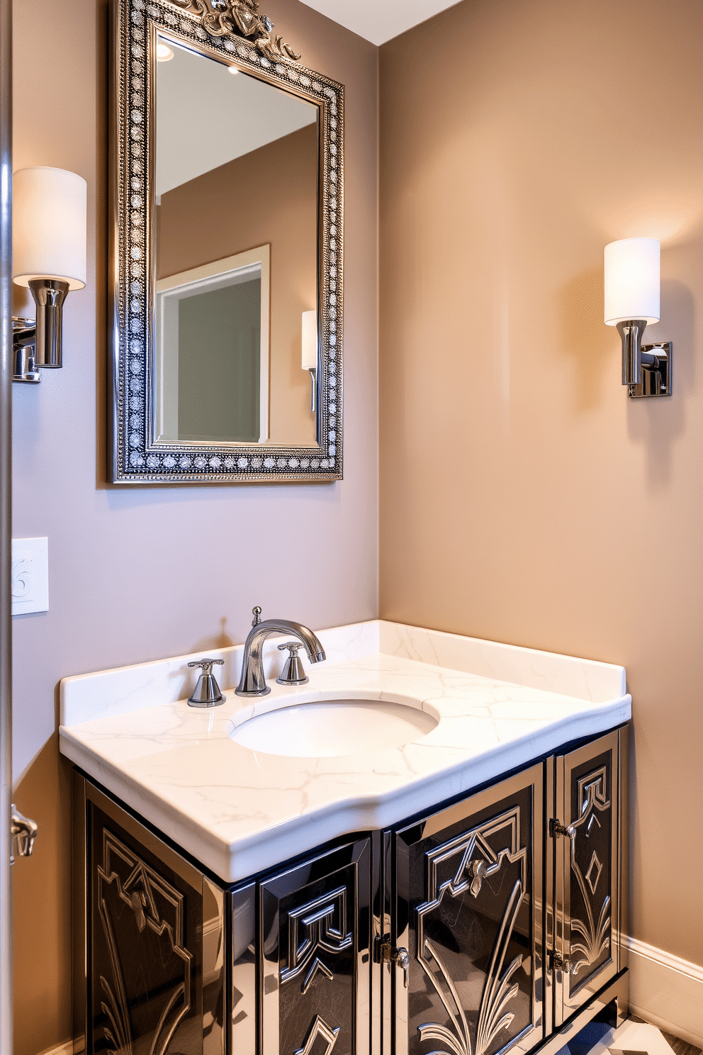 A stunning powder room features an art deco inspired vanity with sleek chrome fixtures, exuding elegance and sophistication. The vanity is adorned with geometric patterns and a polished marble top, complemented by a large, ornate mirror framed in chrome that reflects the room's luxurious ambiance.