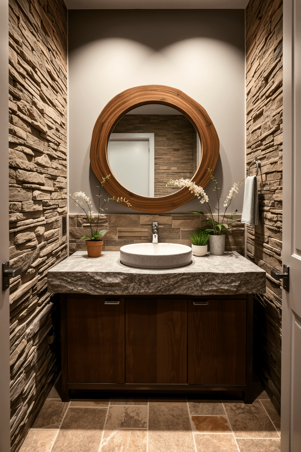 A nature-inspired vanity featuring stone elements, with a rugged granite countertop that seamlessly integrates with the wooden cabinetry below. The walls are adorned with natural stone tiles, and a large, round mirror framed in reclaimed wood reflects the soft, ambient lighting from above. Delicate greenery accents the space, with potted plants placed on the countertop, adding a fresh touch. The floor is covered in textured, earthy tiles that complement the overall organic aesthetic of the powder room.