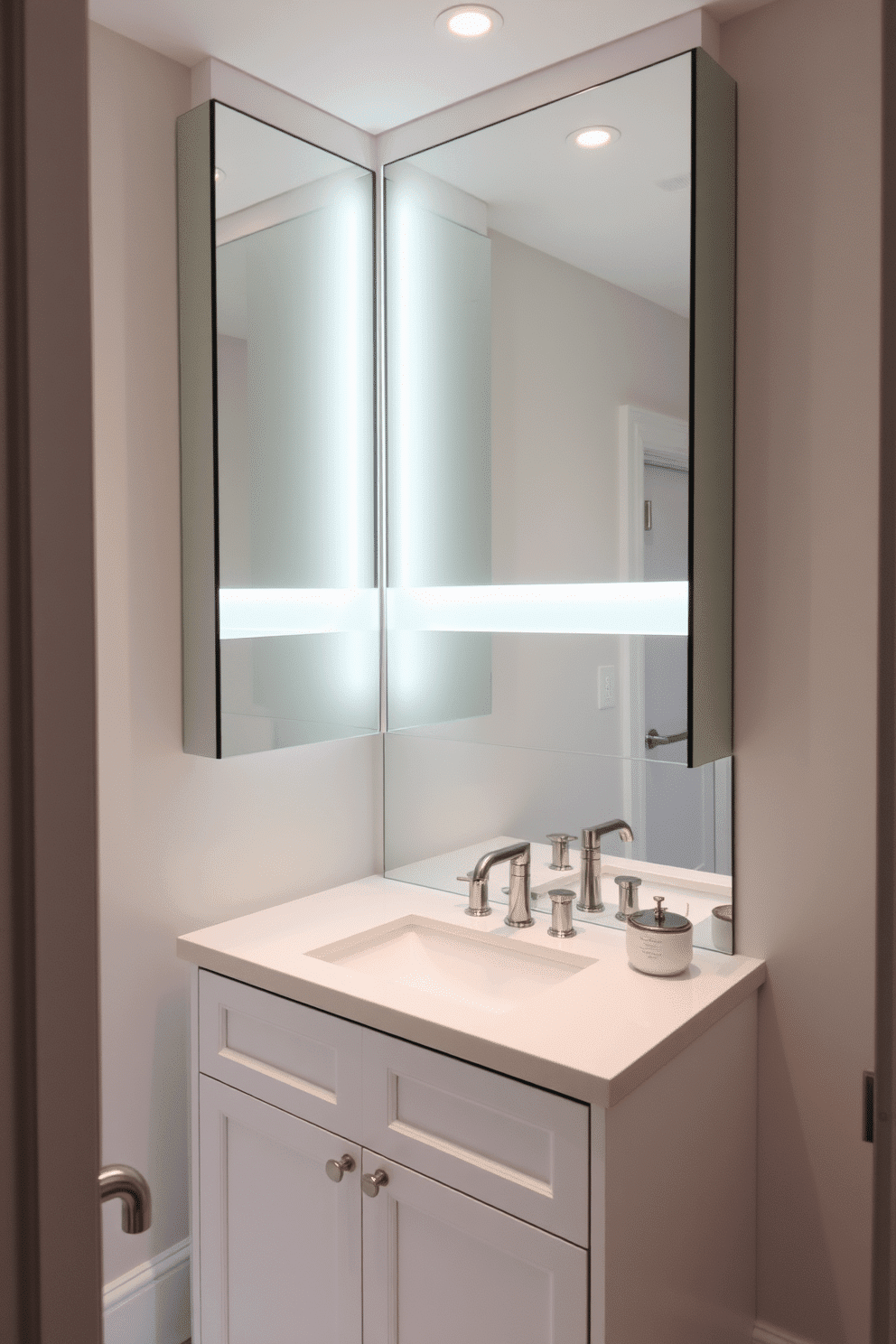 A chic powder room features an integrated lighting system within the mirrored vanity cabinet, casting a soft glow that enhances the elegant design. The vanity itself is adorned with a sleek countertop and stylish fixtures, creating a perfect blend of functionality and sophistication.