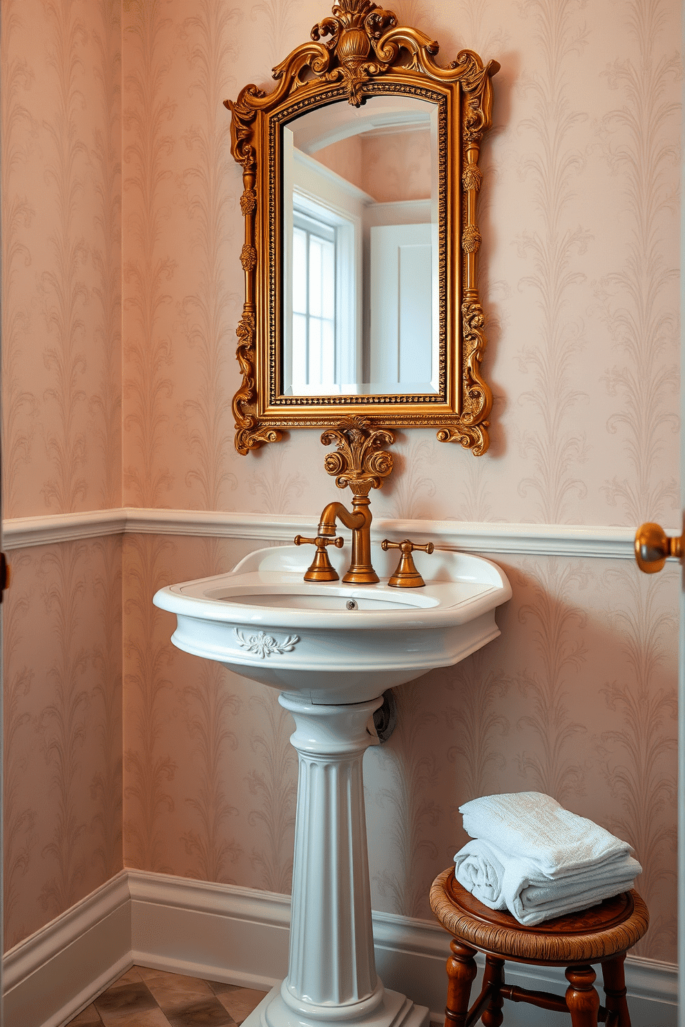 A classic pedestal sink with vintage charm is the centerpiece of this elegant powder room. The sink features intricate detailing and is paired with a polished brass faucet, enhancing the timeless appeal of the space. Surrounding the sink, soft pastel wallpaper adds a touch of warmth, while a vintage-style mirror hangs above, framed in ornate gold. A small wooden stool sits beside the sink, adorned with neatly rolled hand towels for added convenience and style.