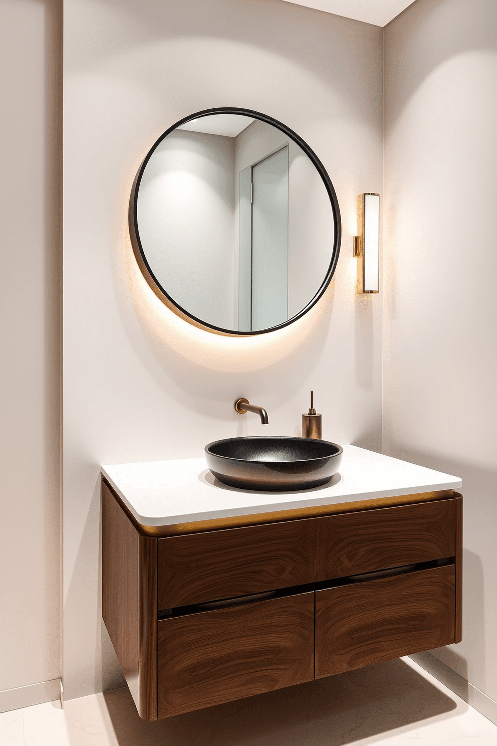 A luxurious vanity featuring an integrated sink design, crafted from rich walnut wood with a high-gloss finish. The countertop is adorned with a seamless white quartz surface, complemented by elegant brass fixtures and ambient lighting that highlights the vanity's sleek lines. The powder room showcases a minimalist aesthetic with a floating vanity that creates an illusion of space. A large round mirror hangs above the sink, framed in matte black, while soft, neutral tones on the walls enhance the room's serene atmosphere.