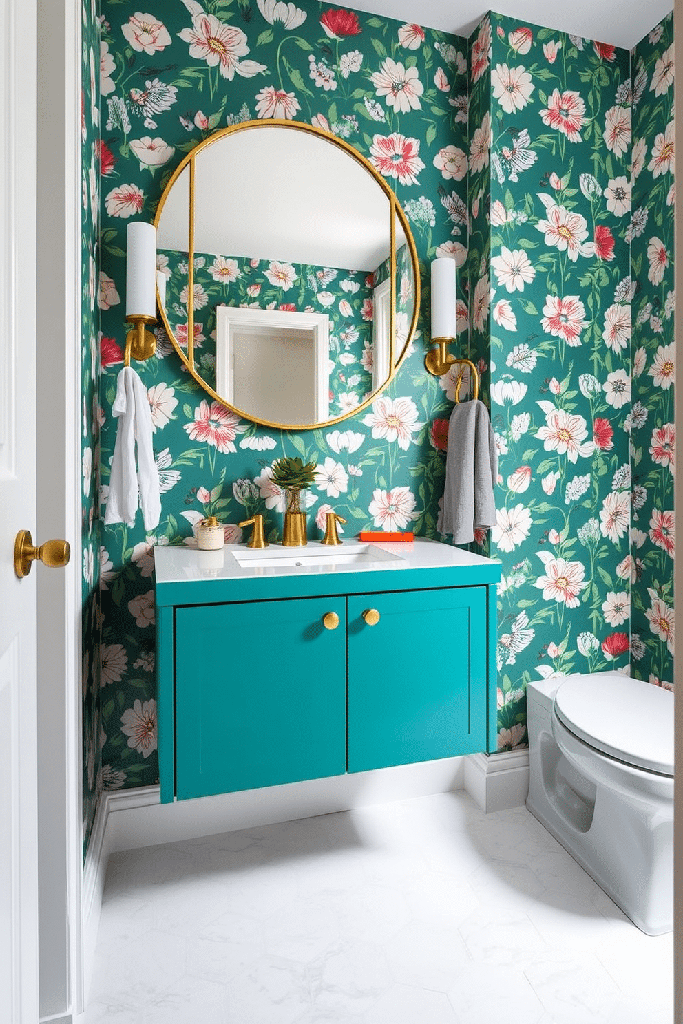 A stunning powder room featuring a floating vanity in a vibrant teal hue, complemented by sleek brass hardware. Above the vanity, a large round mirror with a geometric frame reflects the playful use of color throughout the space. The walls are adorned with a bold floral wallpaper that adds a touch of whimsy, while the floor showcases a chic hexagonal tile pattern in white and gray. A small potted plant sits on the vanity, bringing a fresh, organic element to the design.