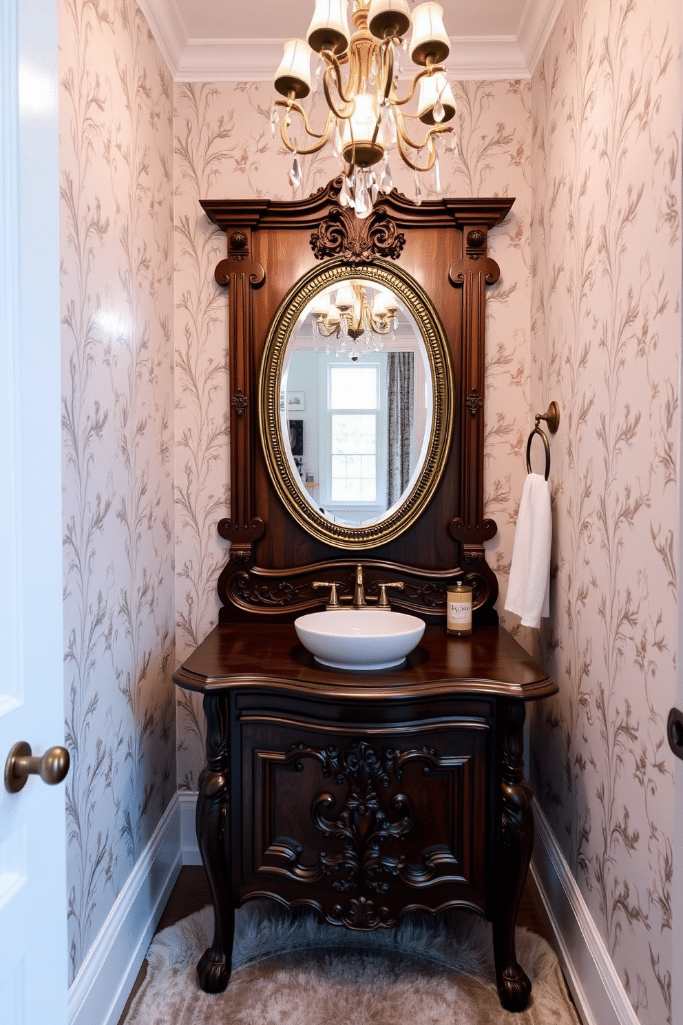 A vintage wooden vanity with ornate details serves as the focal point of the powder room, featuring intricate carvings and a rich, dark finish. Above the vanity, an elegant oval mirror with a decorative gold frame reflects the soft, ambient lighting from a stylish chandelier overhead. The walls are adorned with delicate floral wallpaper in muted tones, creating a warm and inviting atmosphere. A plush, vintage-style rug lies beneath the vanity, complementing the overall aesthetic while providing comfort underfoot.