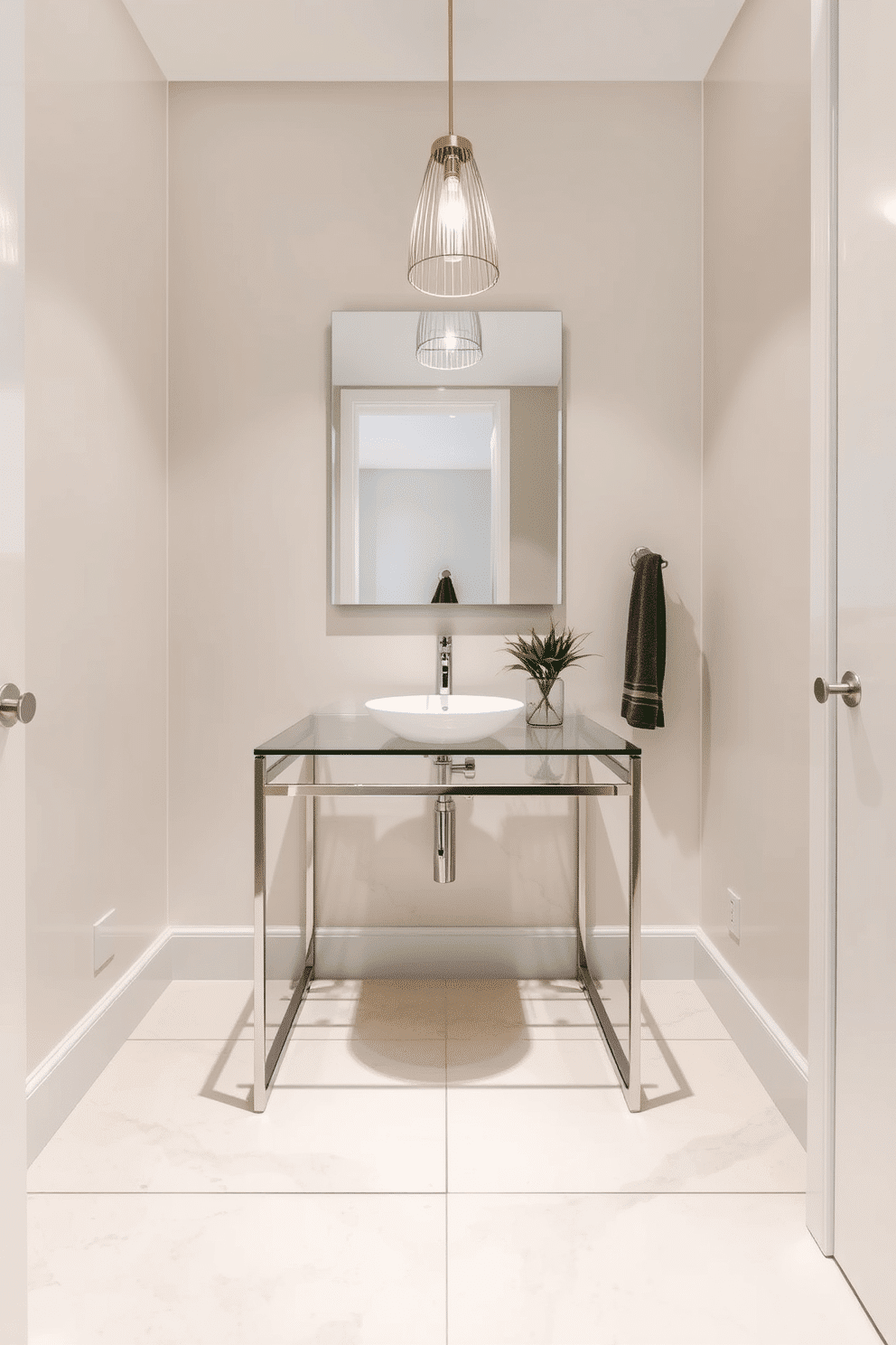 A modern powder room featuring a glass vanity with a sleek metal frame, reflecting elegance and simplicity. The walls are adorned with soft, neutral tones, and a stylish pendant light hangs above, casting a warm glow. The floor is covered in large, light-colored tiles, enhancing the spacious feel of the room. A small potted plant sits on the vanity, adding a touch of greenery and freshness to the design.