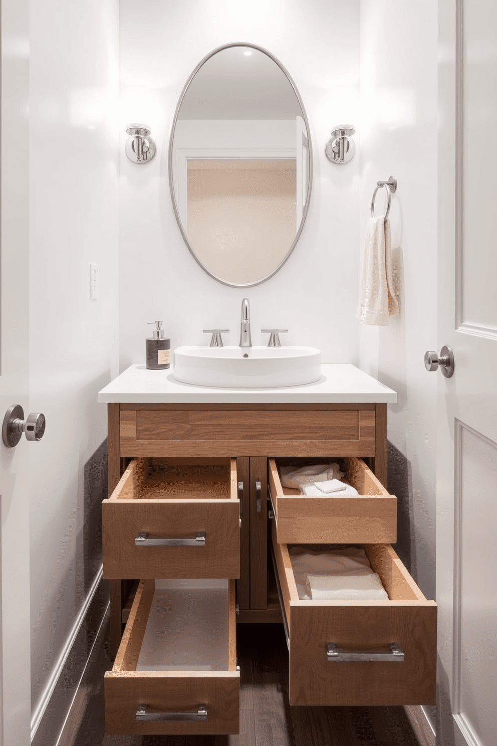 A compact vanity features sleek pull-out storage drawers, maximizing functionality in a stylish powder room. The design incorporates a modern sink atop a smooth countertop, complemented by elegant fixtures and a soft color palette.