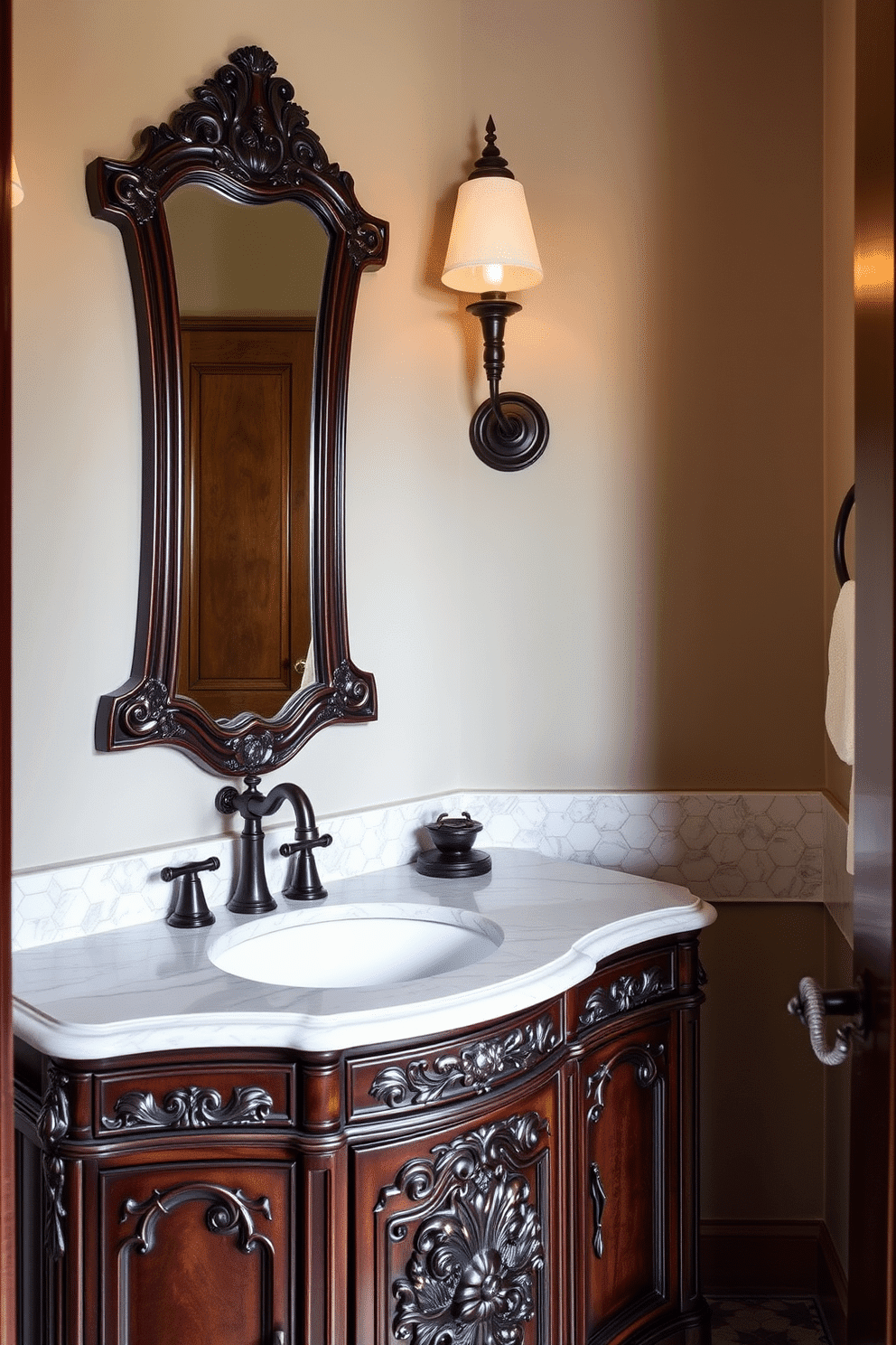 Antique vanity with modern plumbing fixtures. The vanity features intricate wood carvings and a rich mahogany finish, paired with sleek, contemporary faucets that add a touch of sophistication. The countertop is adorned with a polished quartz surface, providing a striking contrast to the vintage aesthetics. Soft, ambient lighting from a stylish sconce illuminates the space, enhancing the elegance of the powder room.