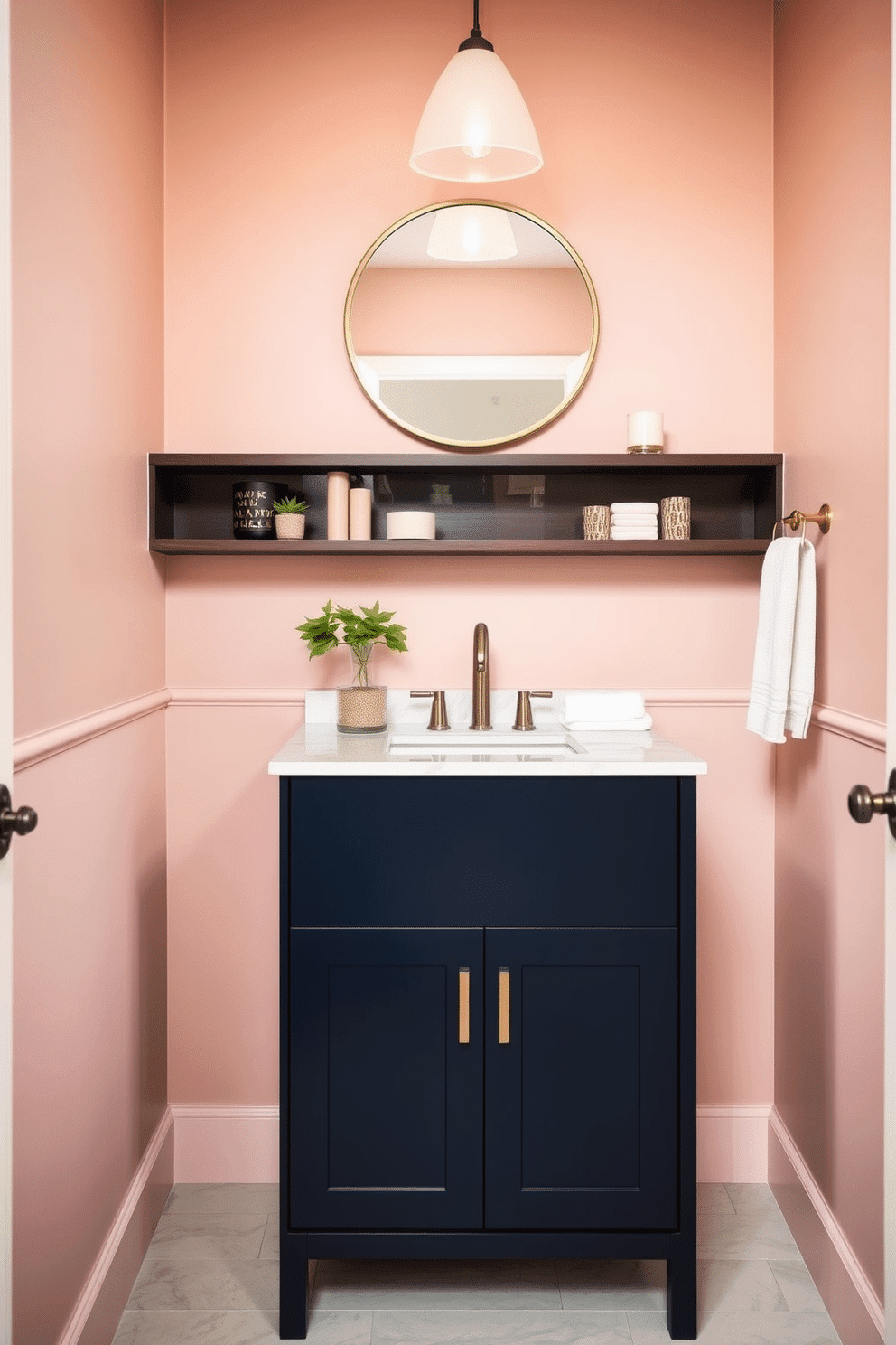 A chic powder room featuring a sleek vanity with a deep navy finish and a white quartz countertop. Open shelving above the vanity displays a curated selection of decorative items, including small potted plants and elegant candles. The walls are adorned with a soft blush paint, creating a warm and inviting atmosphere. A stylish round mirror hangs above the vanity, reflecting the natural light that floods the space.