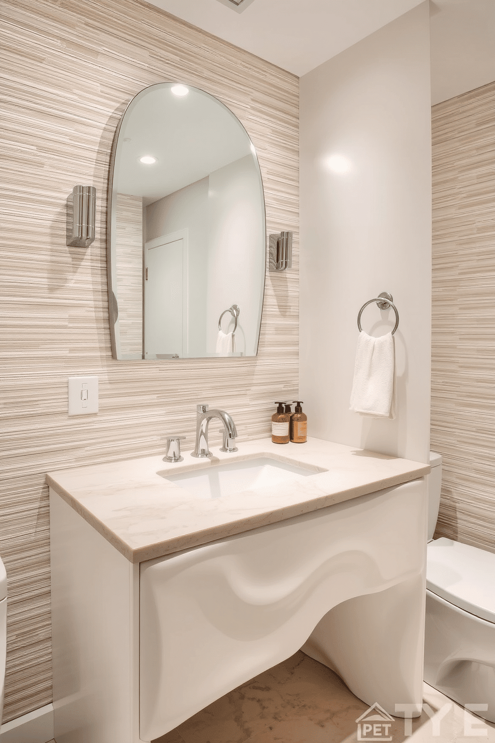 A custom-built vanity features unique, organic shapes that blend seamlessly with the soft, neutral color palette of the powder room. The countertop is adorned with a sleek, polished stone surface, complemented by elegant fixtures that enhance the sophisticated ambiance. The walls are accented with textured wallpaper that adds depth and interest, while strategically placed lighting highlights the vanity's distinctive design. A stylish mirror above the vanity reflects the room's charm, creating an inviting space perfect for guests.